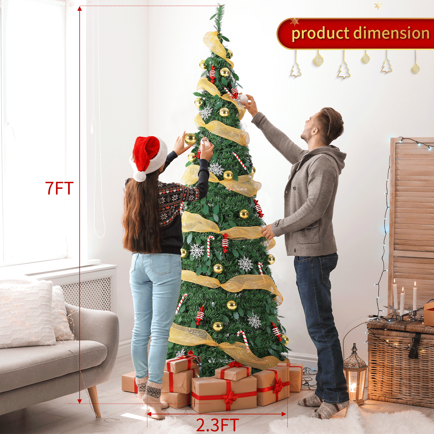 Pirecart 4/6/7 FT Collapsible Christmas Tree, Pop Up Christmas Tree with Light and Remote, Fully Decorated Pre-Lit with 11 Light Models Colored Light Balls,for Holiday Xmas Decor