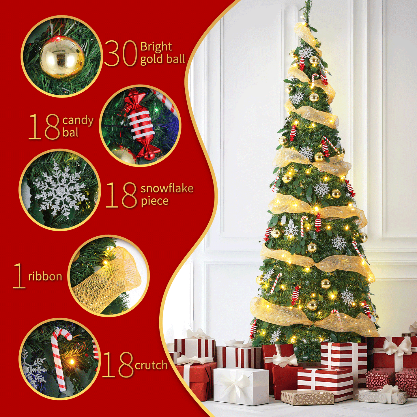 Pirecart 4/6/7 FT Collapsible Christmas Tree, Pop Up Christmas Tree with Light and Remote, Fully Decorated Pre-Lit with 11 Light Models Colored Light Balls,for Holiday Xmas Decor