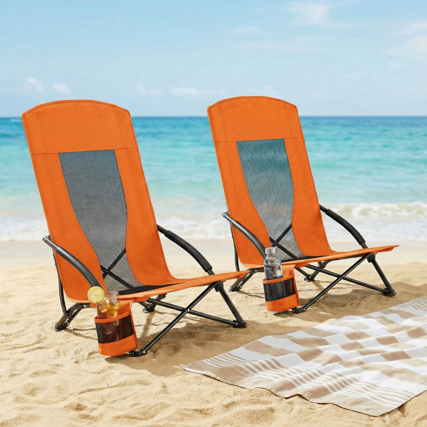 Pirecart 28.5″ High Back Folding Beach Chair, 2 PCS Portable Low Beach Chair W/ Mesh Back & Padded Armrest, Cup Holder, for Camping, Outdoor, Travel