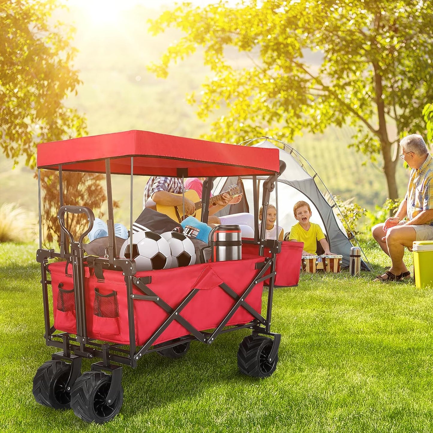 pirecart Collapsible Beach Wagon Cart with Removable Canopy for Garden Camping Grocery