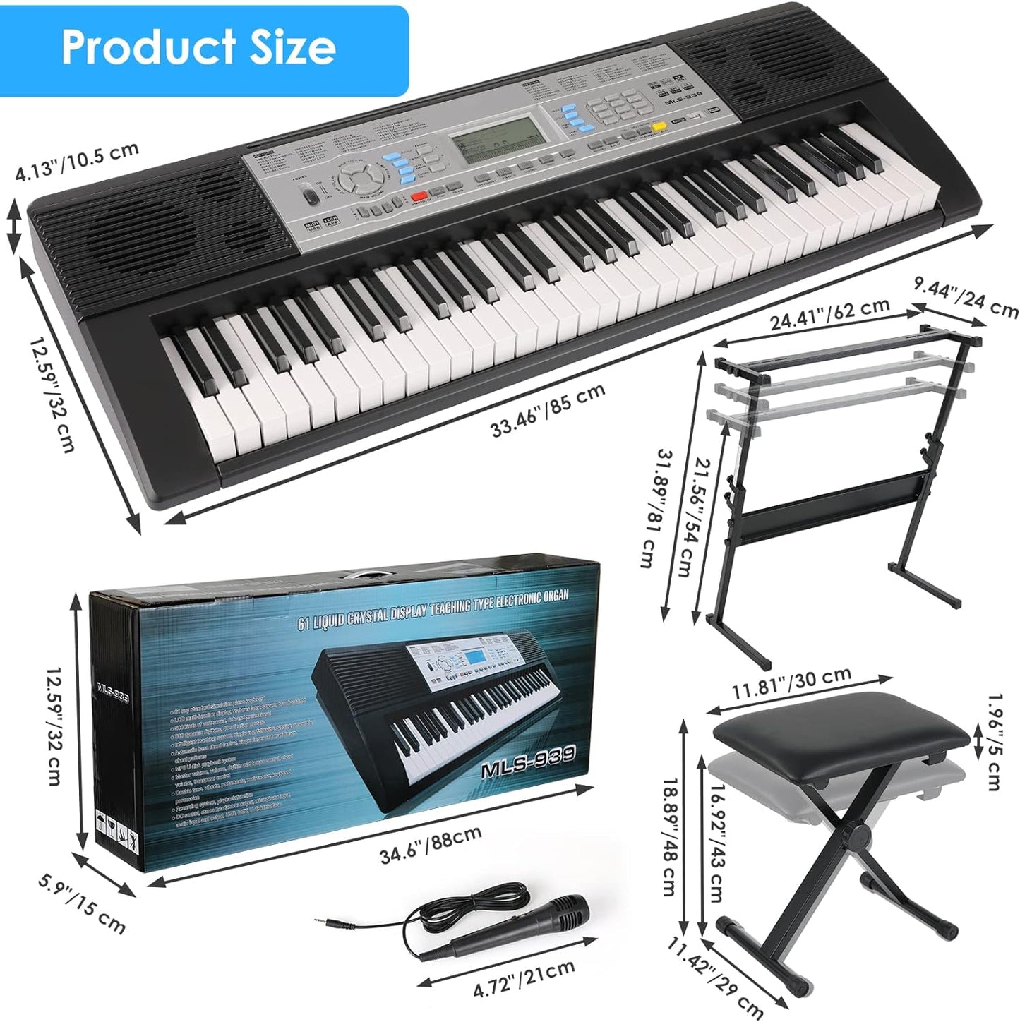 pirecart 61 Key Keyboard Piano Electric Piano Keyboard for Beginners with X-Stand and Stool