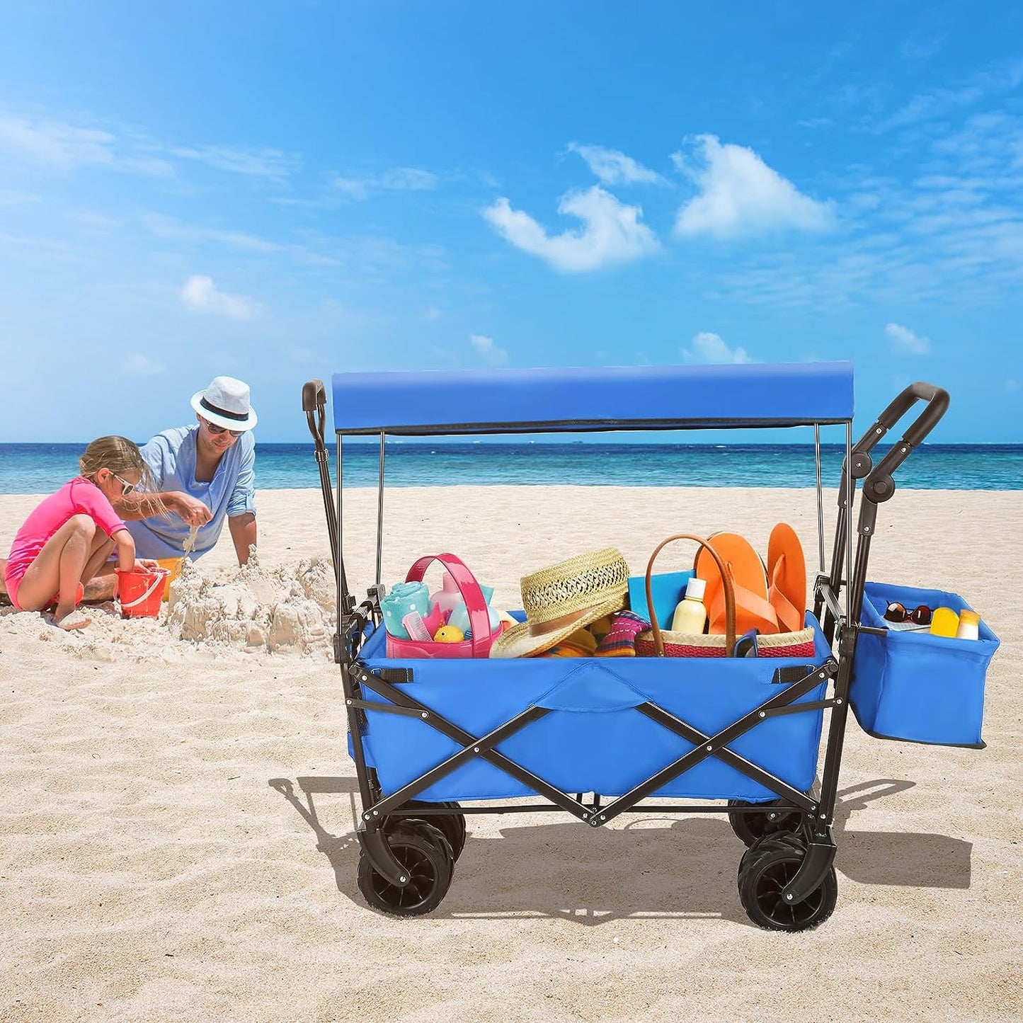 pirecart Collapsible Beach Wagon Cart with Removable Canopy, 250lbs