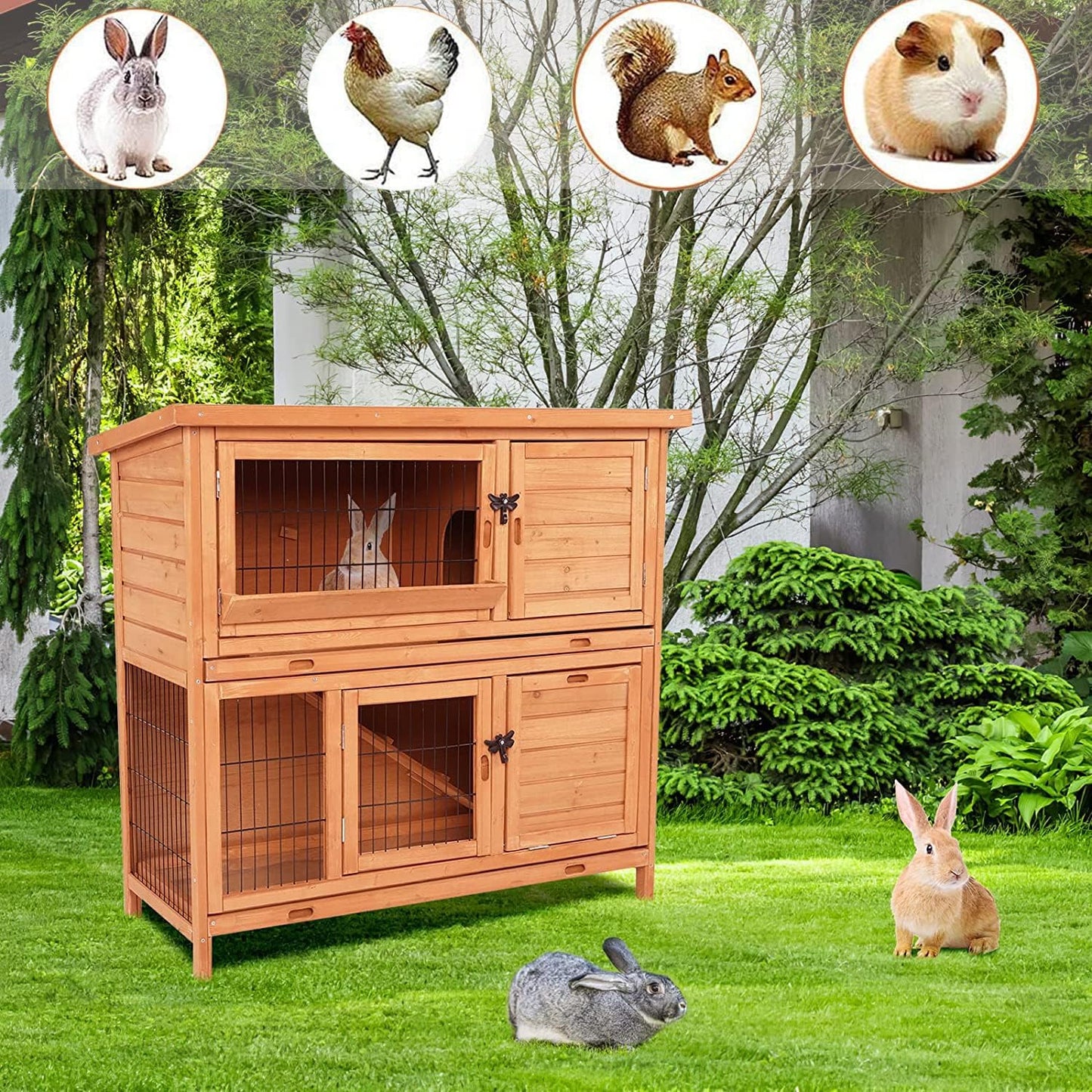 pirecart Indoor Outdoor Rabbit Hutch Bunny Cage with 2 Removable Trays and Ramp