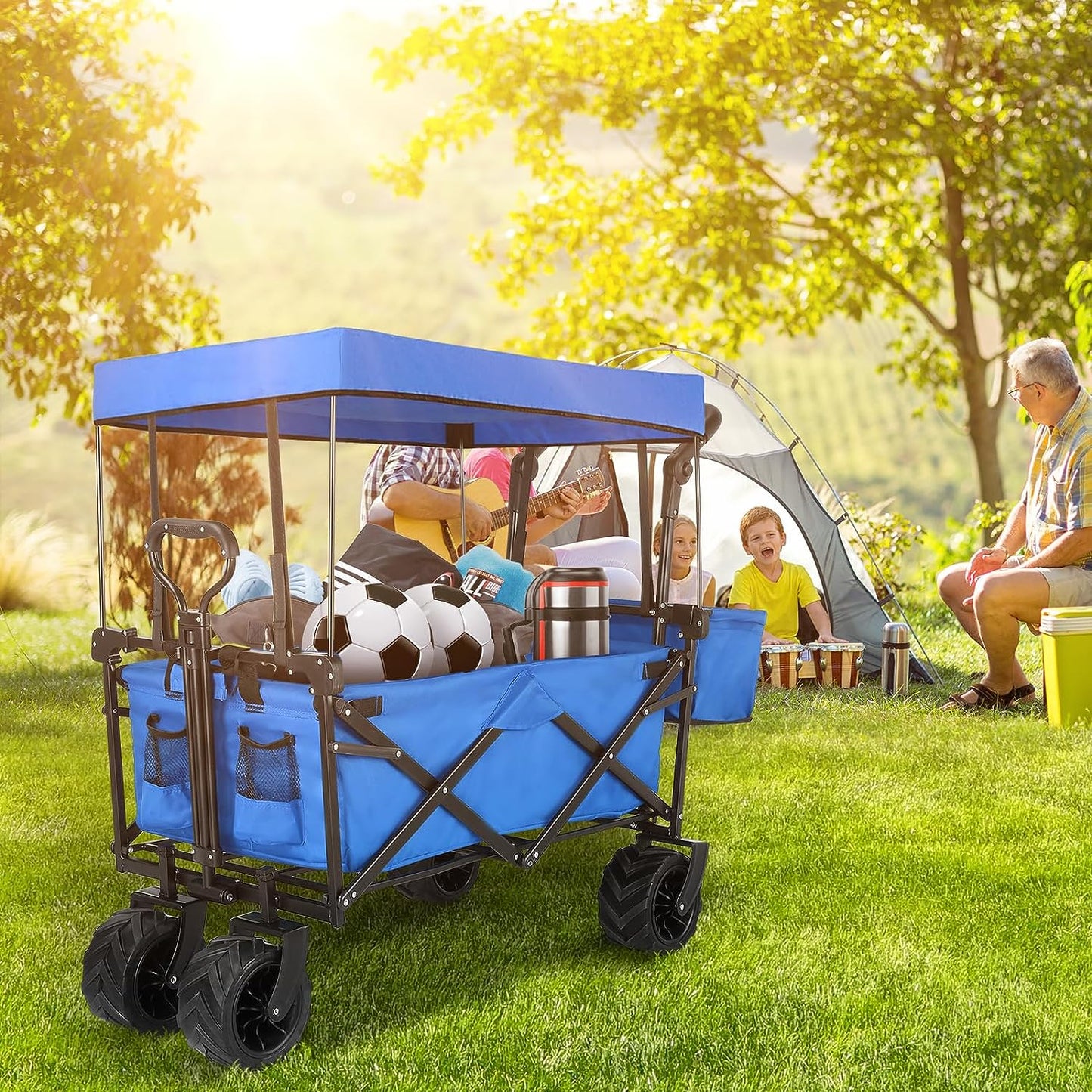 pirecart Collapsible Beach Wagon Cart with Removable Canopy, 250lbs
