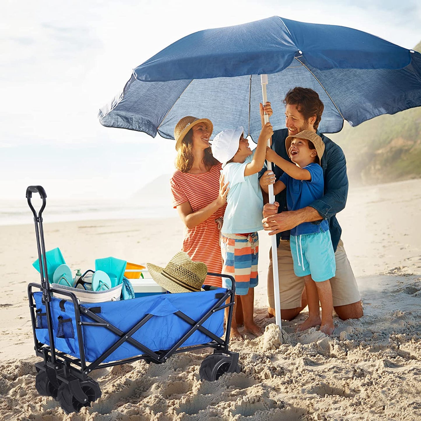 pirecart Heavy Duty Collapsible Wagon, Outdoor Foldable Beach Utility Cart w/ Big Wheels Large Capacity Folding Camping Grocery Cart