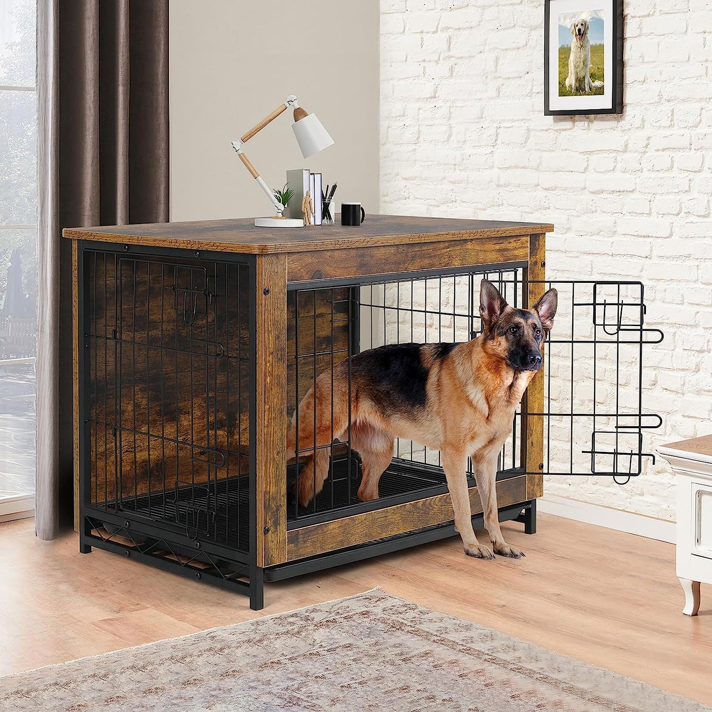 pirecart 29.1''/38.6"/44.1" Dog Crate Furniture Dog Kennel with Double Doors, Heavy-Duty Dog Cage with Pull-Out Removable Tray