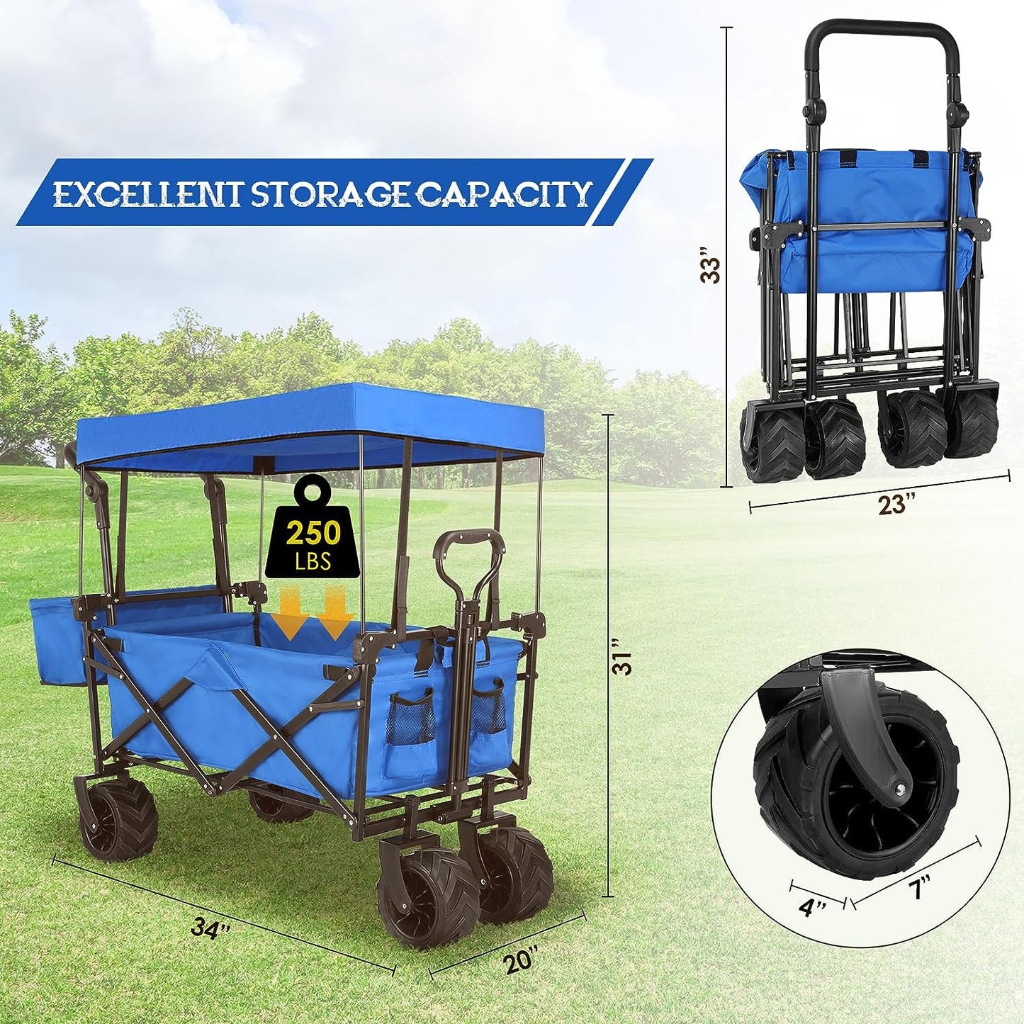 pirecart Collapsible Beach Wagon Cart with Removable Canopy, 250lbs