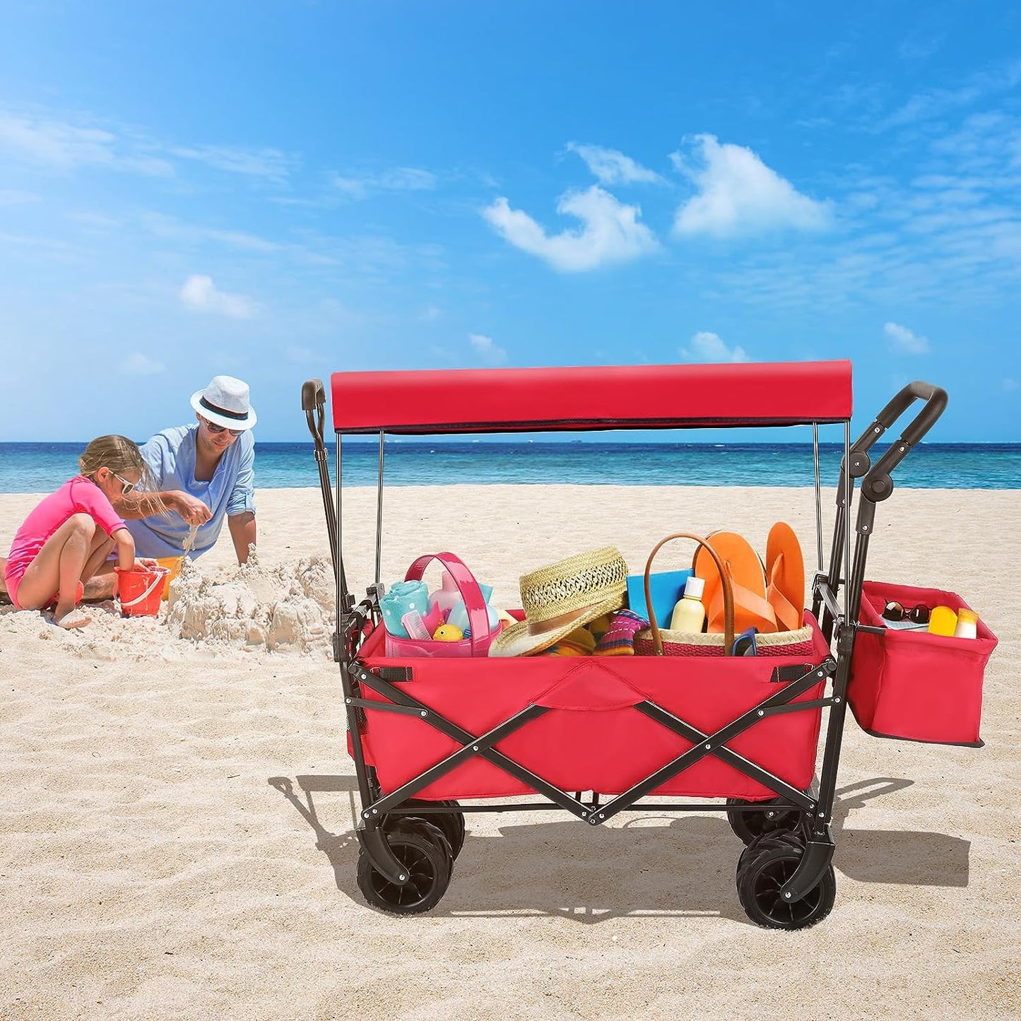 pirecart Collapsible Beach Wagon Cart with Removable Canopy for Garden Camping Grocery