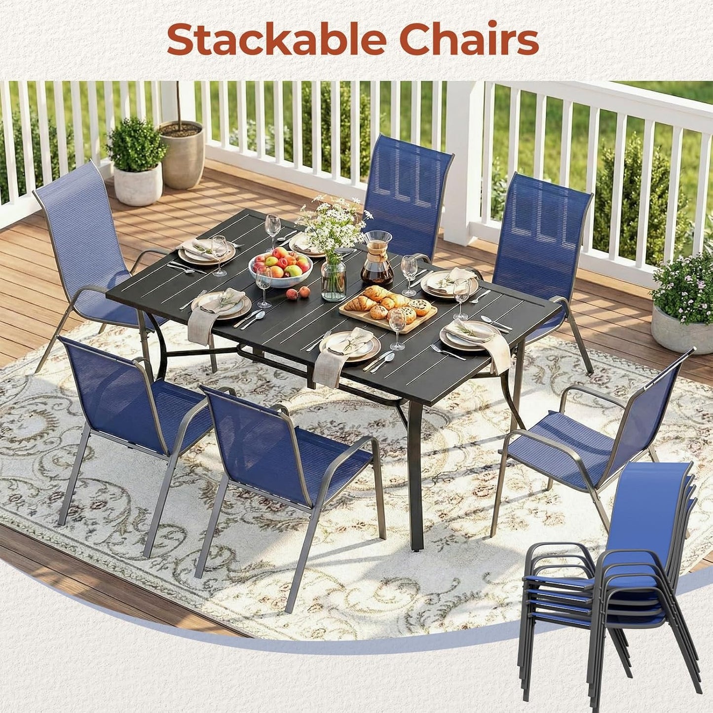 Pirecart 7Pcs Patio Dining Set, 63''x38'' Rectangular Metal Table with 6 Textilene Chairs, Outdoor Table and Chairs W/1.6" Adjustable Umbrella Hole & Foot Pads