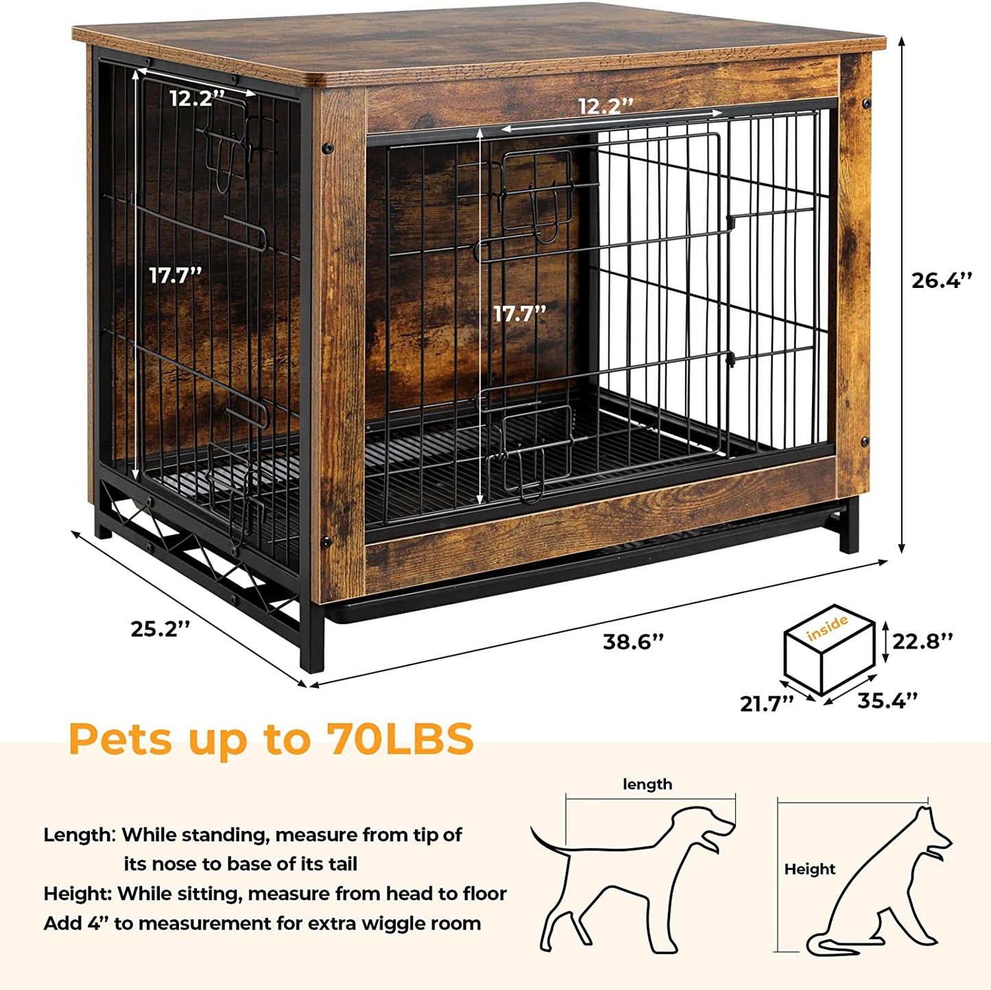 pirecart 29.1''/38.6"/44.1" Dog Crate Furniture Dog Kennel with Double Doors, Heavy-Duty Dog Cage with Pull-Out Removable Tray