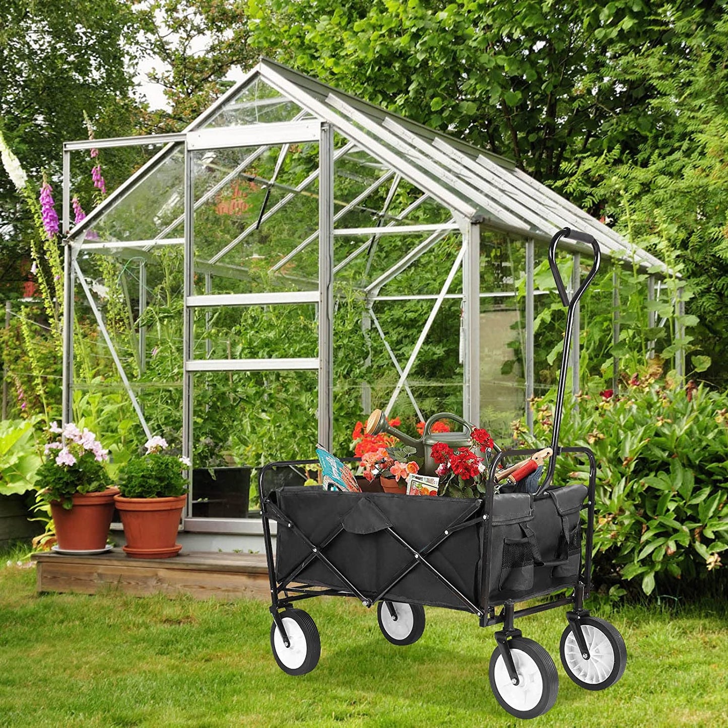 pirecart Collapsible Folding Wagon Cart Utility Garden Wagon with 2 Cup Holders