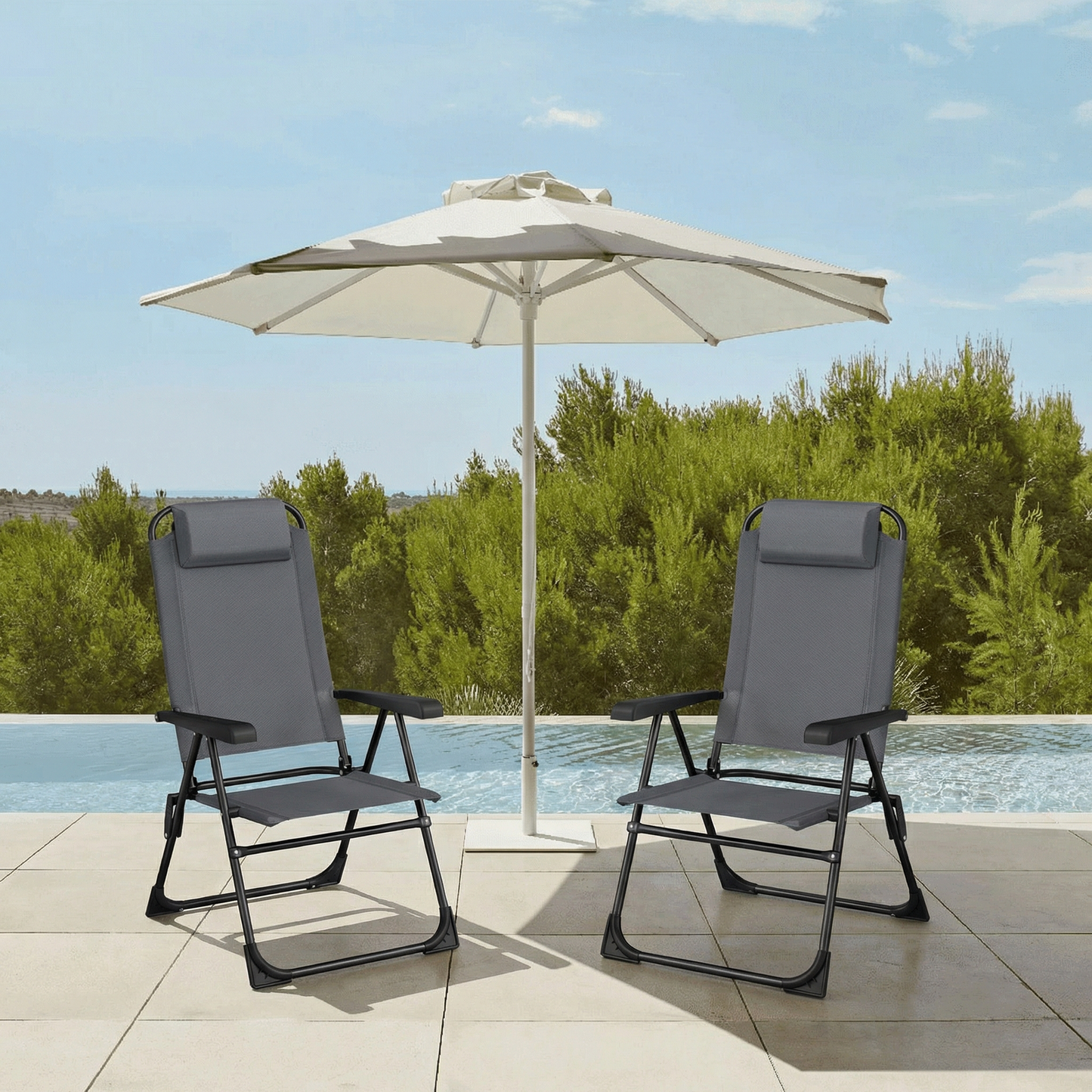 Pirecart 2PCS Folding Patio Chairs, 5 Level Adjustable Outdoor Lawn Chair with Removable Headrest, Teslin Fabric Patio Chairs with Ergonomic Armrest, Foot Pad