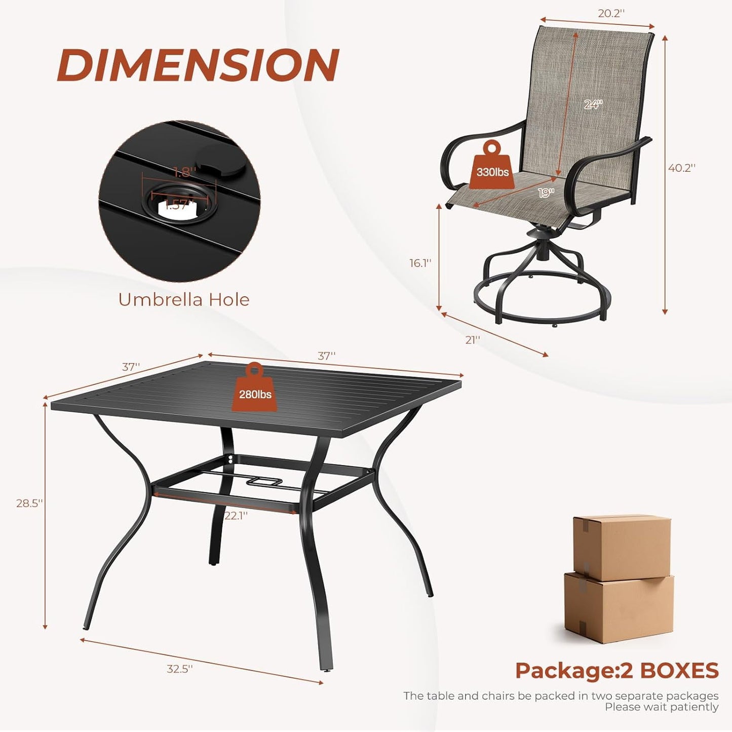 Pirecart 5 Piece Patio Dining Set, Outdoor Table and Chairs W/1.57"-1.8" Adjustable Umbrella Hole, 37" Square Metal Table and 4 Patio 360° Swivel Chairs