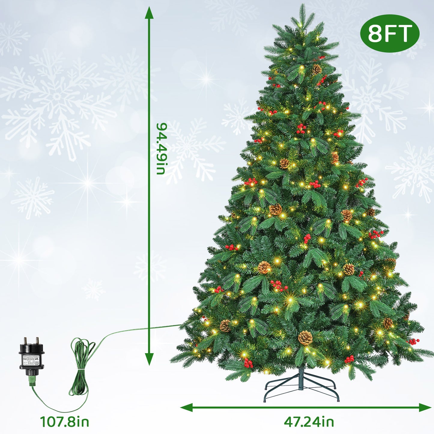 pirecart 8/9FT Pre-Lit Christmas Tree Hinged Artificial Tree with 47 Pinecones, 47 Berries