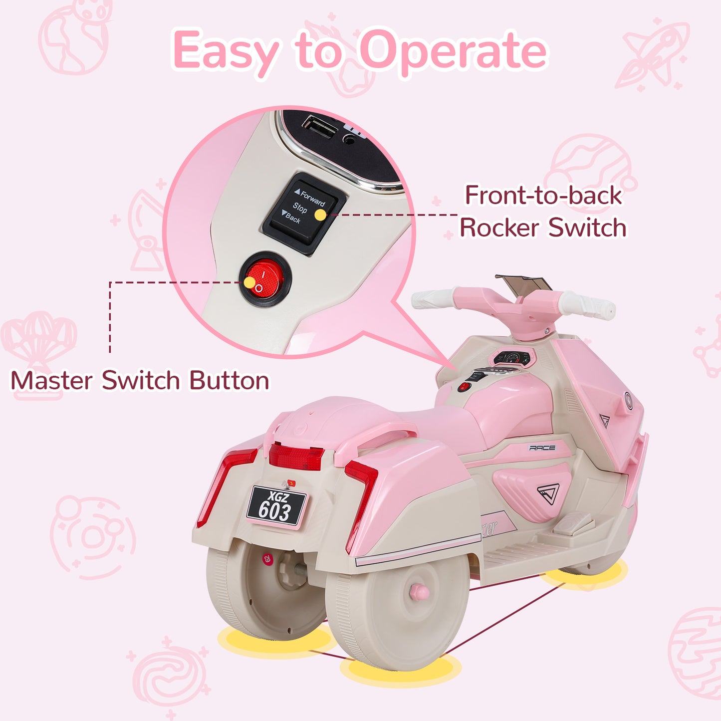 Pirecart Kids Electric Motorcycle, 6V Toddler Motorcycle with Realistic Sounds, LED Light, Children Ride on Toy with MP3/USB, Non-Slip Tires, Gift for Age 3+