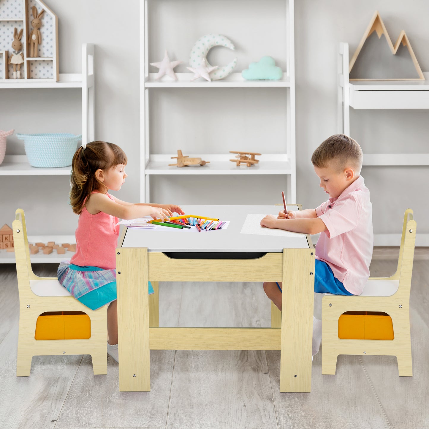 pirecart Kids Wood Table & 2 Chairs Set Children Activity Table with Storage Boxes