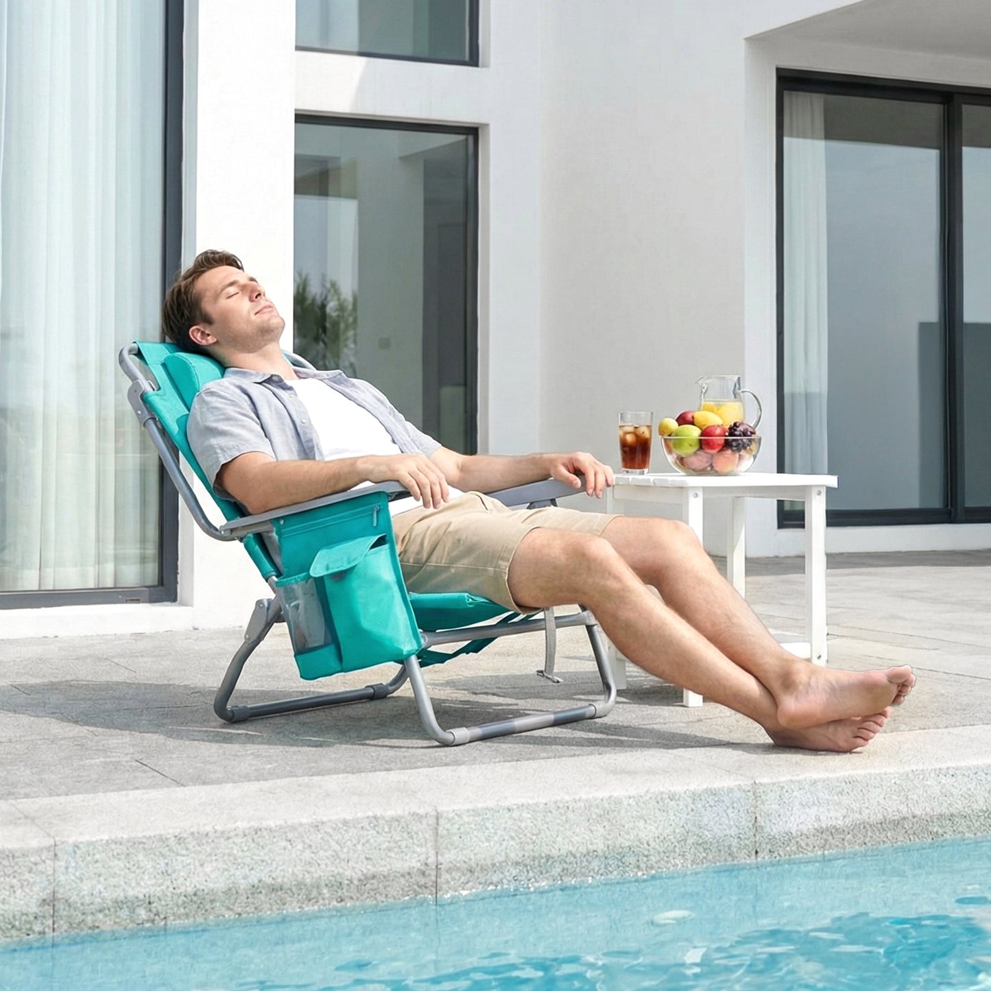 Foldable Beach Chair, 5-Position Lay Flat Reclining Beach Chair W/ Headrest, Storage Bag, Cooler Pouch,Towel Bar, Foot Mat