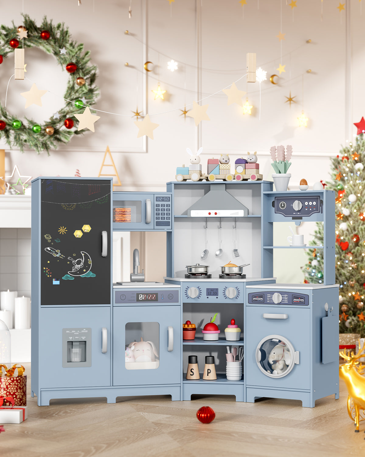 Pirecart Wooden Corner Play Kitchen, Kids Play Kitchen with Blackboard and 6Pcs Cooking Accessories, Toddler Play Kitchen Set with Realistic Sound & Light