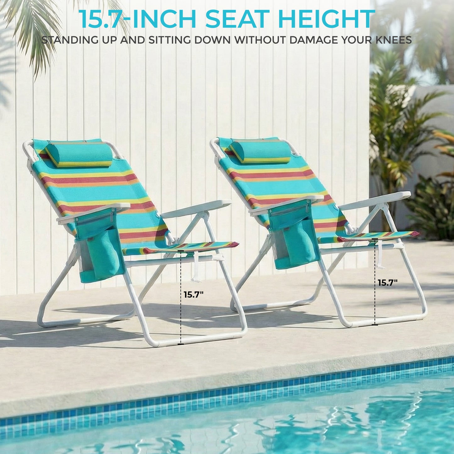 Pirecart Tall Beach Chairs for Adults, Portable Beach Chairs W/ 5-Position Lay Flat & Cooler Pouch, for Beach, Camp, Outdoor