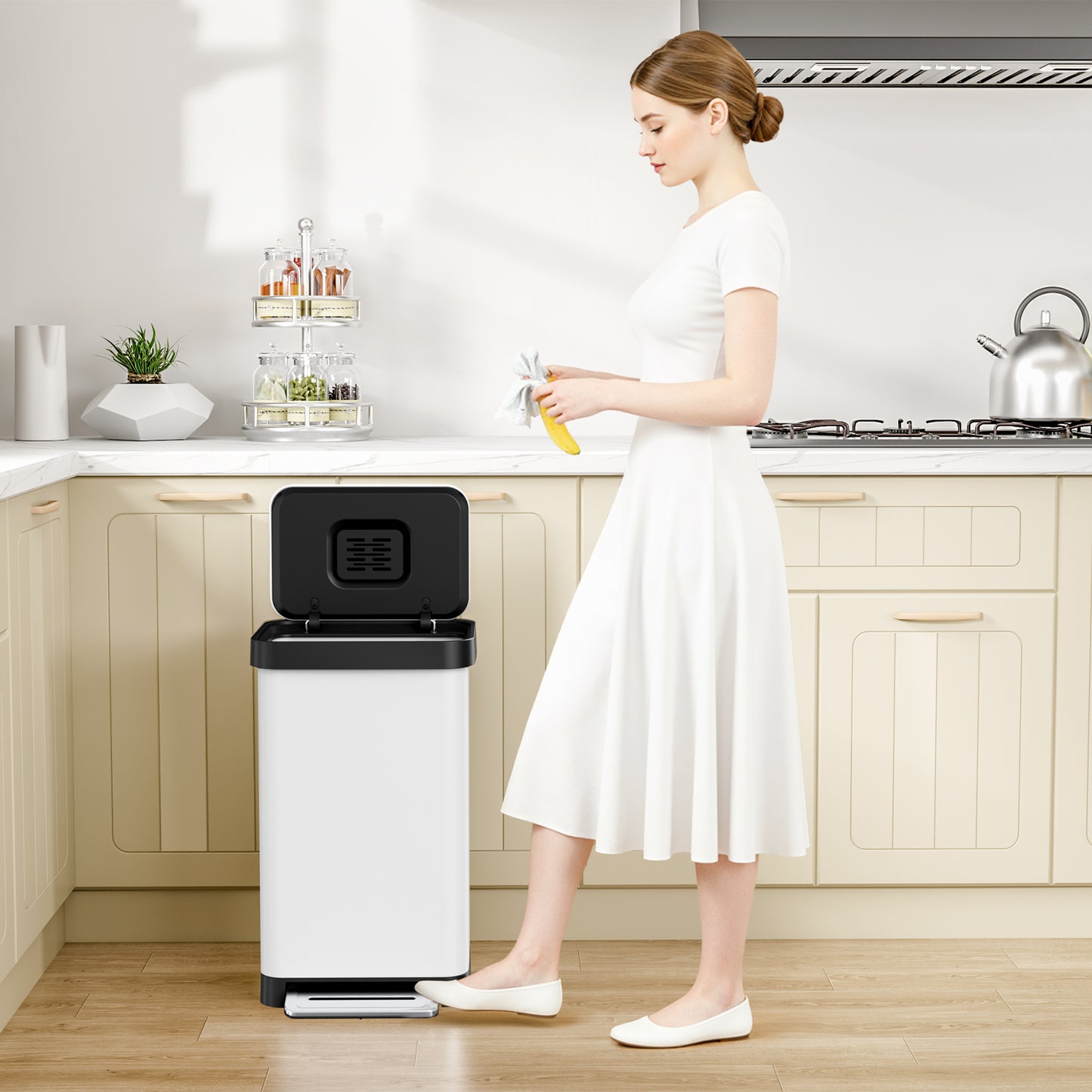 Pirecart 13.2 Gal Stainless Steel Trash Can, Soft-Close Lid Grabage Can with 15 Inner Bags, Rear Trash Bag Storage Compartment, Large Capacity Step Trash Can With Built-In Deodorizer Box