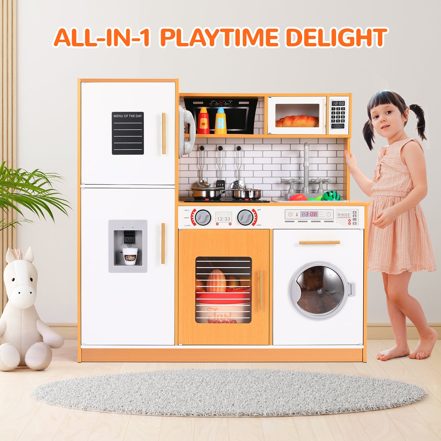 Pirecart Pretend Play Kitchen Kids Cooking Playset Toys with Water Dispense, Washing Machine, Real Sounds & Lights