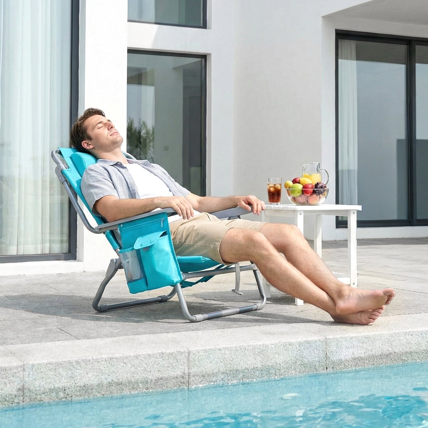 Foldable Beach Chair, 5-Position Lay Flat Reclining Beach Chair W/ Headrest, Storage Bag, Cooler Pouch,Towel Bar, Foot Mat