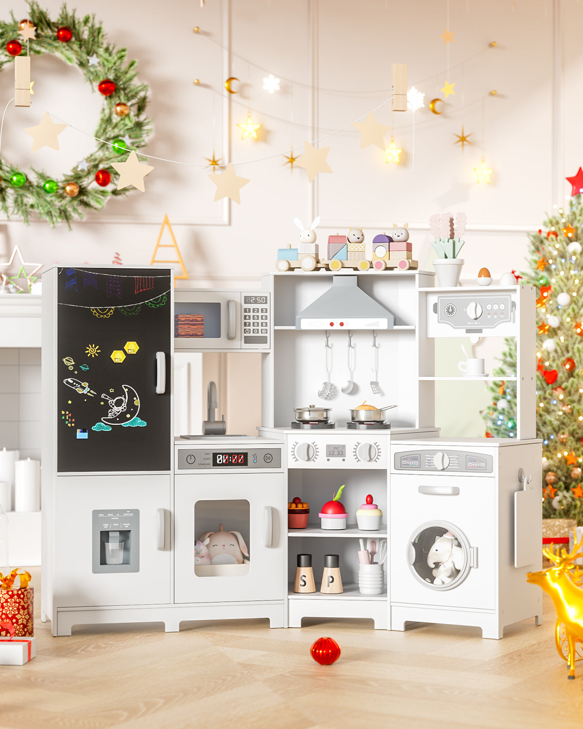 Pirecart Wooden Corner Play Kitchen, Kids Play Kitchen with Blackboard and 6Pcs Cooking Accessories, Toddler Play Kitchen Set with Realistic Sound & Light