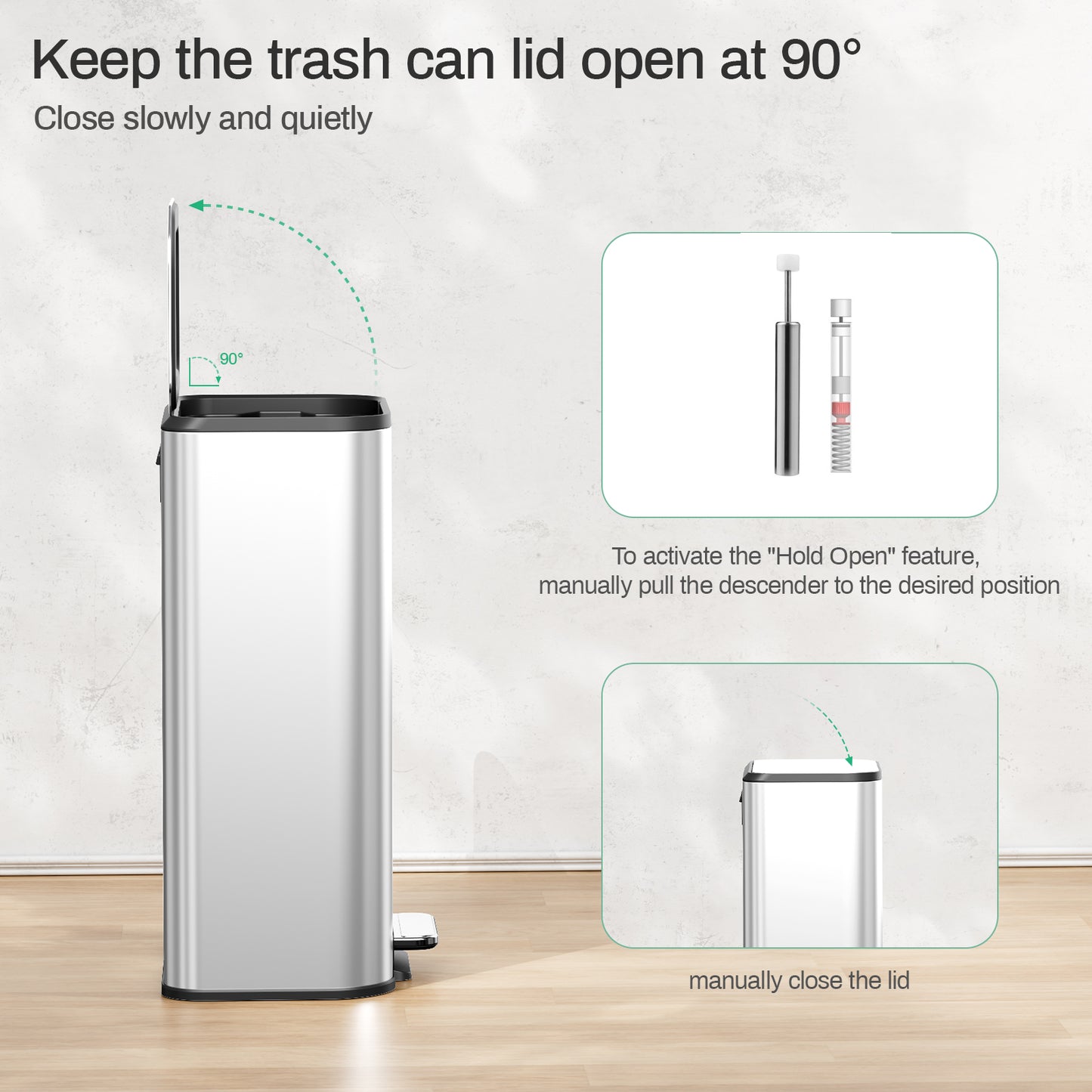 Pirecart 8 Gal Trash Can, Square Garbage Can with Soft-Close Lid & Foot Pedal, Stainless Steel Kitchen Trash Can with Removable Inner Bucket & Handle for kitchen, Living Room