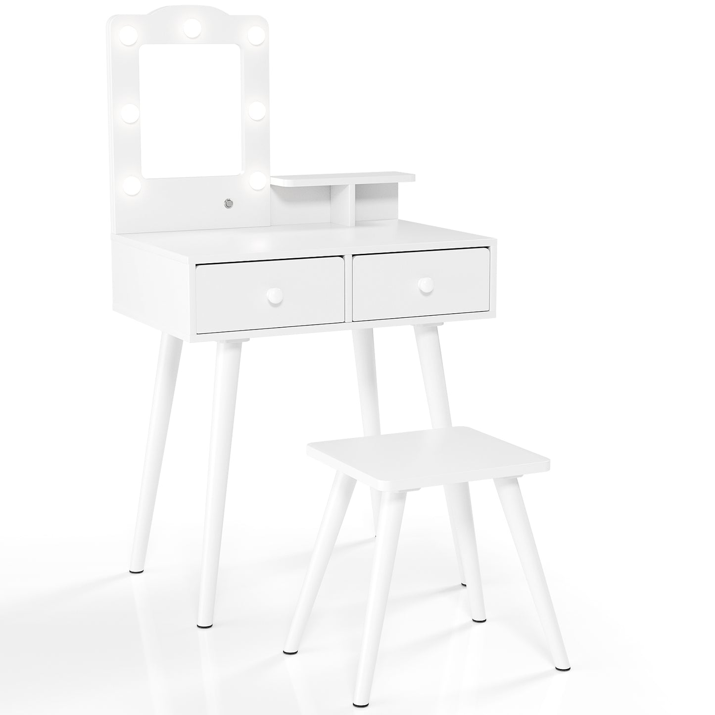 Pirecart Kids Vanity Table and Chair Set, Kids Wood Makeup Dressing Table with 7 Lights, Mirror, 2 Drawers