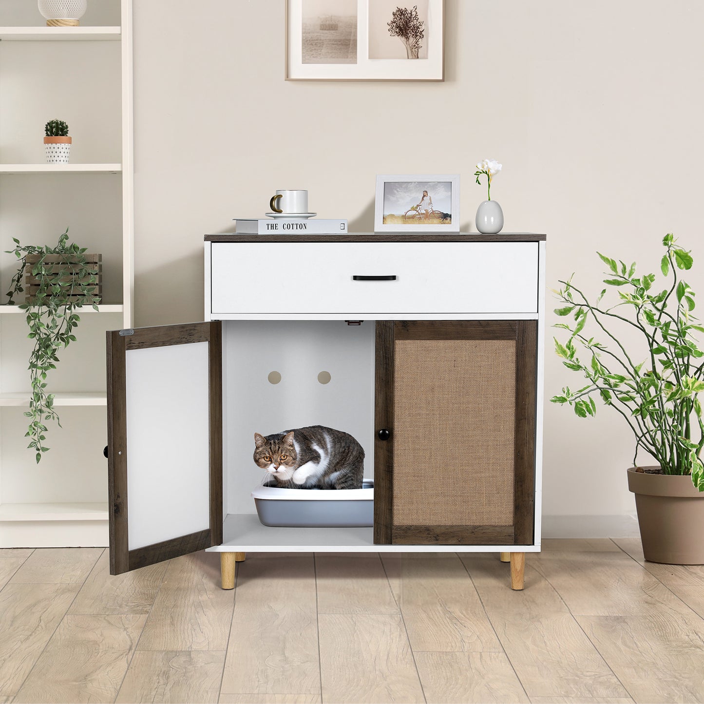 pirecart Hidden Cat Litter Box Enclosure Furniture Wood Cat House with Sisal Doors