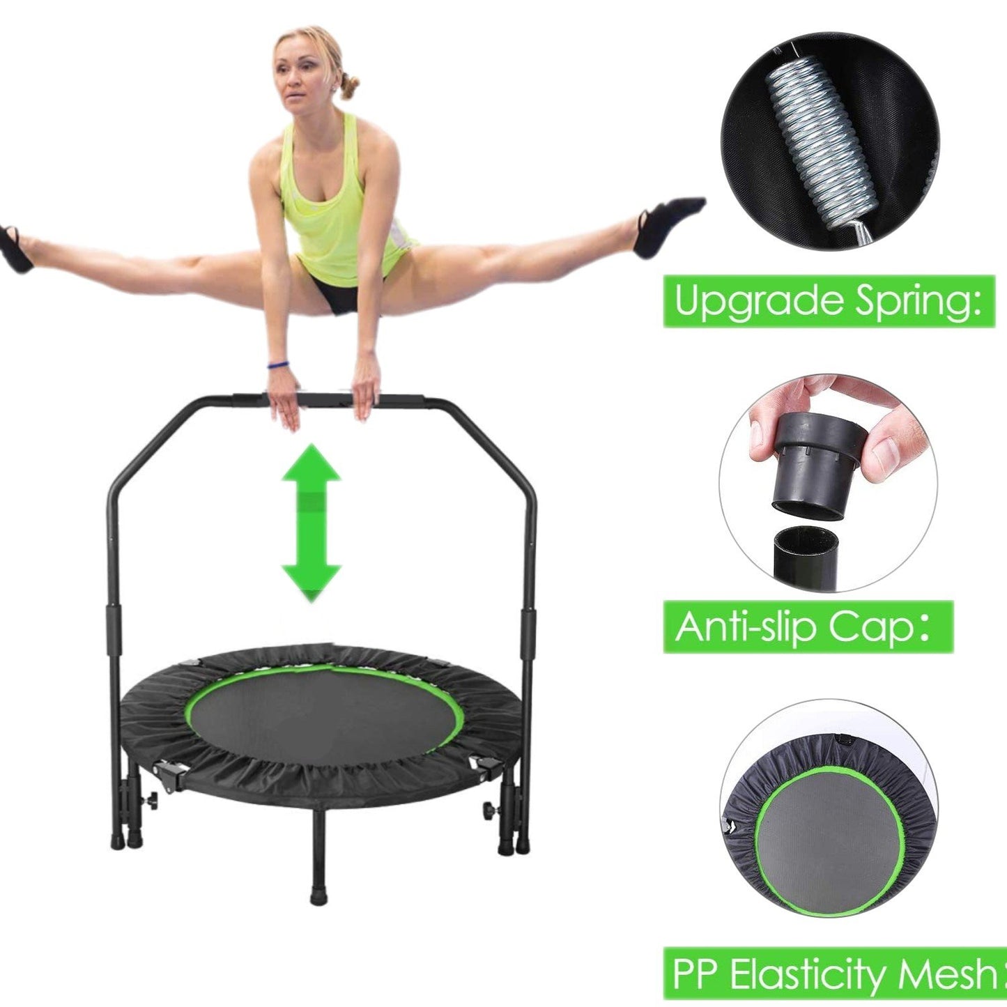 pirecart 40" Foldable Mini Trampoline Max Load 330lbs Fitness Rebounder with Adjustable Foam Handle