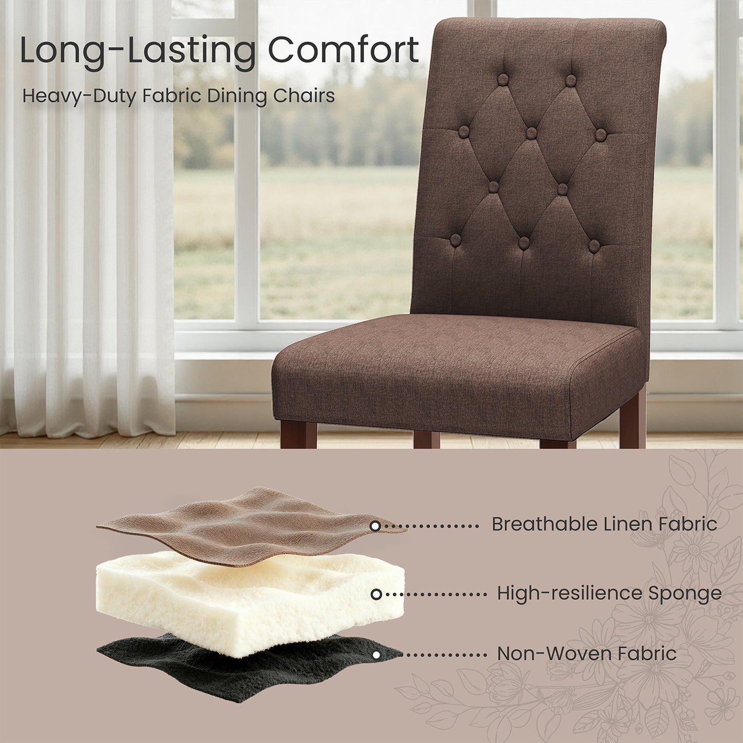 Pirecart 2 PCS Dining Chairs, Kitchen Chairs with Solid Wood Legs, Button-Tufted Parsons Design Upholstered Fabric Chairs