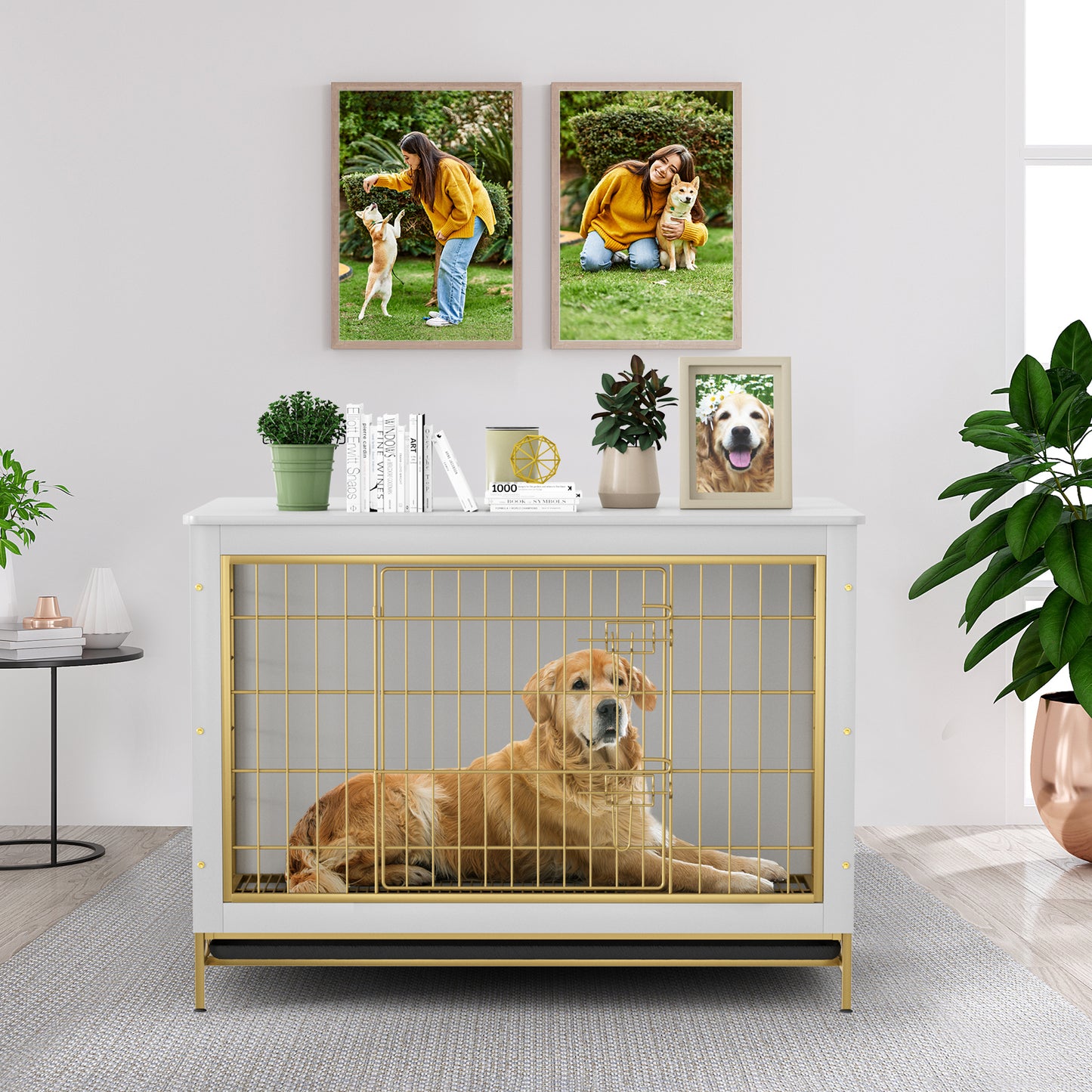 pirecart 44.1in Dog Crate Furniture Wooden Side End Table, Modern Dog Kennel with Double Doors