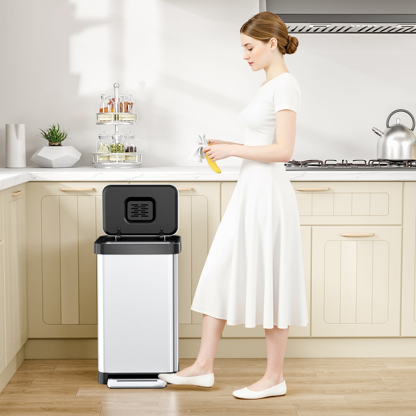 Pirecart 13.2 Gal Stainless Steel Trash Can, Soft-Close Lid Grabage Can with 15 Inner Bags, Rear Trash Bag Storage Compartment, Large Capacity Step Trash Can With Built-In Deodorizer Box