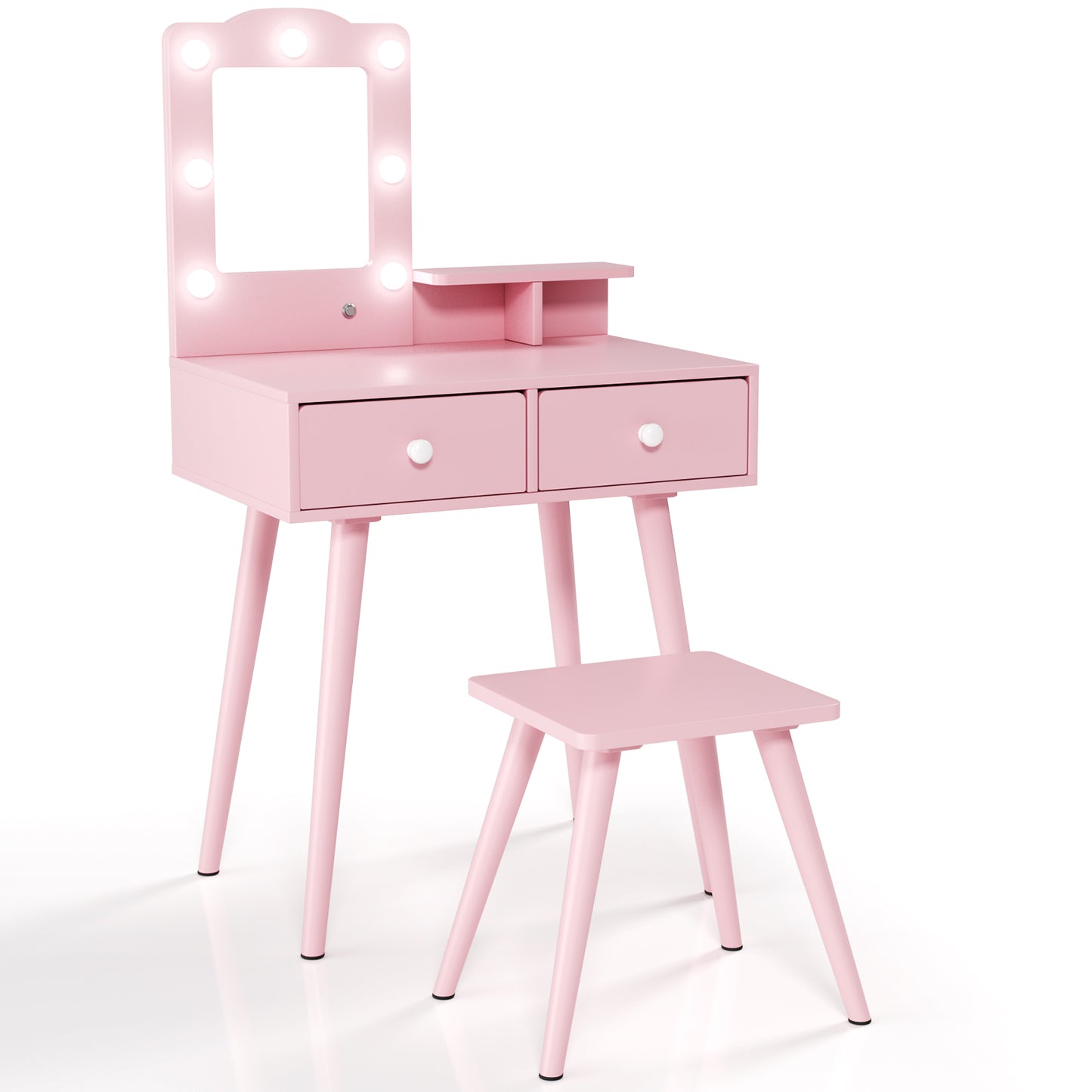 Pirecart Kids Vanity Table and Chair Set, Kids Wood Makeup Dressing Table with 7 Lights, Mirror, 2 Drawers