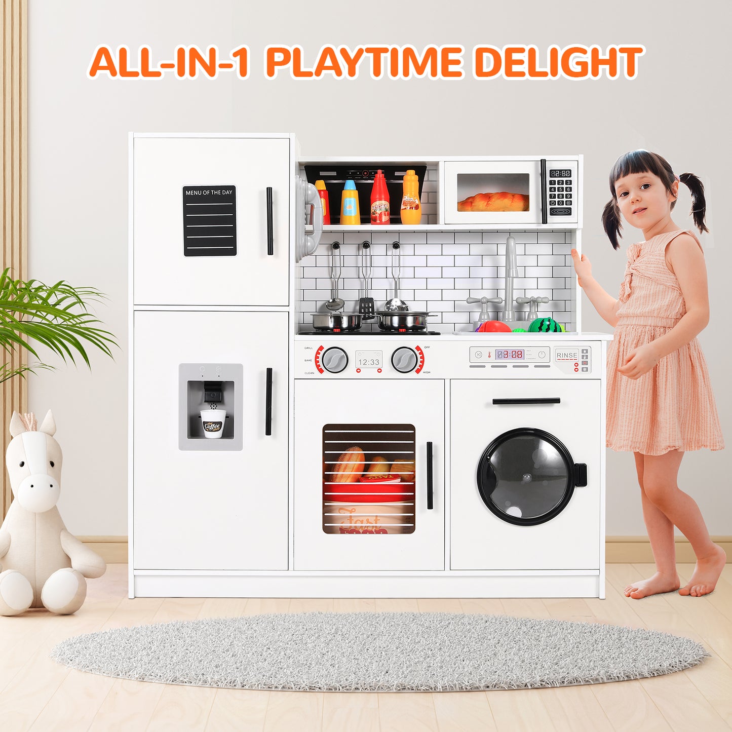 Pirecart Pretend Play Kitchen Kids Cooking Playset Toys with Water Dispense, Washing Machine, Real Sounds & Lights