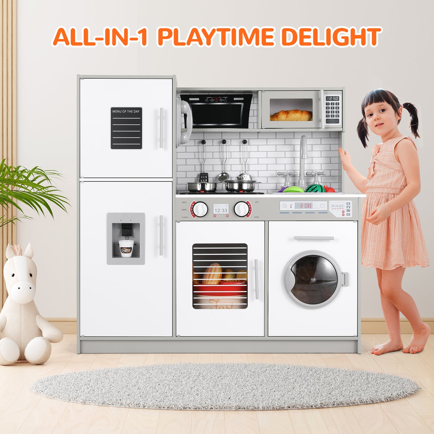 Pirecart Pretend Play Kitchen Kids Cooking Playset Toys with Water Dispense, Washing Machine, Real Sounds & Lights