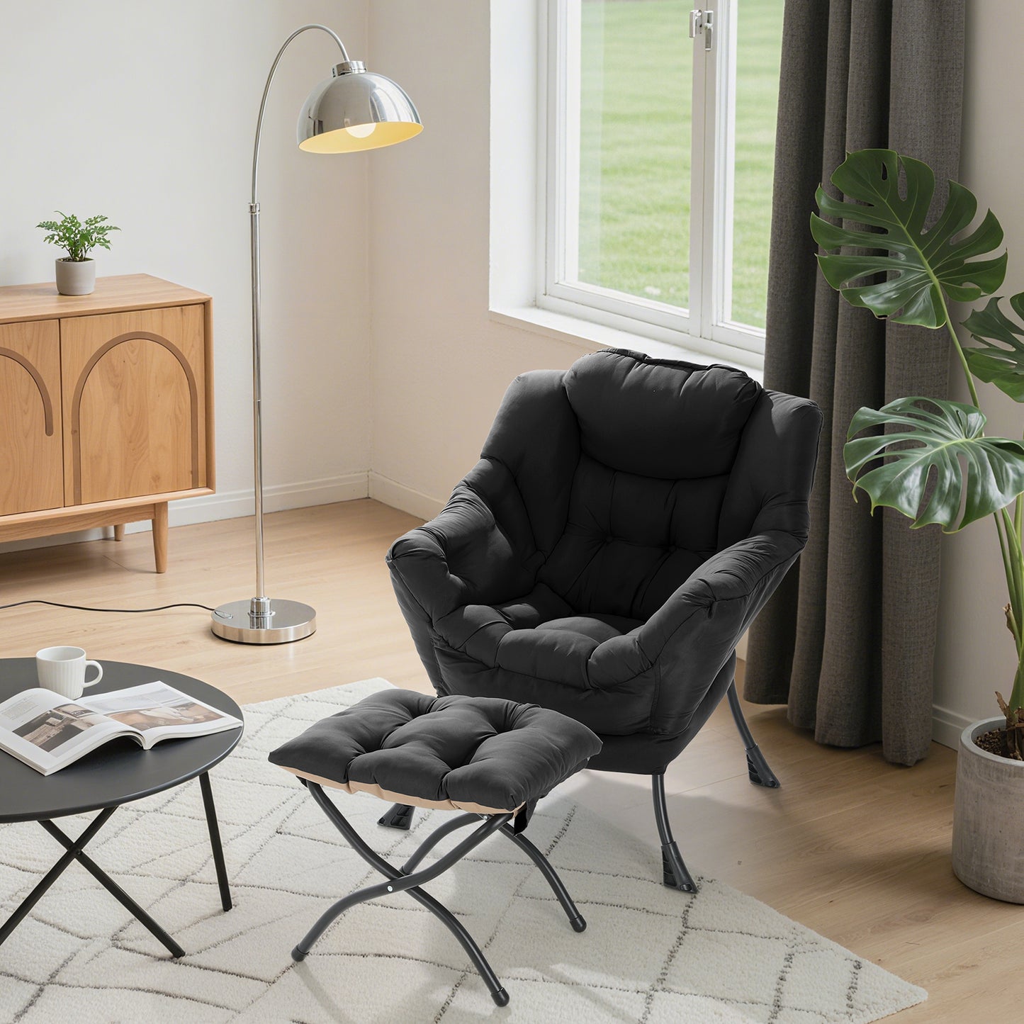 Pirecart Fabric Lazy Chair with Foldable Ottoman and Side Pocket, Large Comfy Chair with Footstool Set Reading Chair Leisure Sofa Chair for Bedroom, Living Room