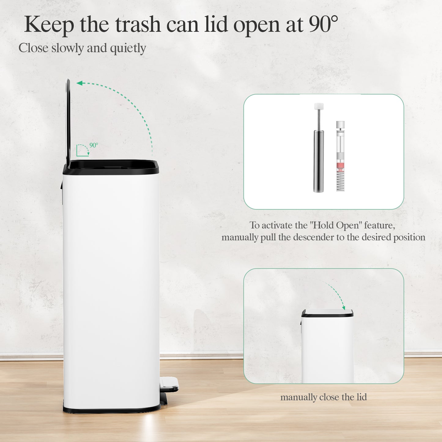 Pirecart 13.2 Gal Trash Can, Stainless Steel Garbage Can with Removable Inner Bucket & Handle, Square Garbage Bin with Soft Lid for Kitchen, Living Room