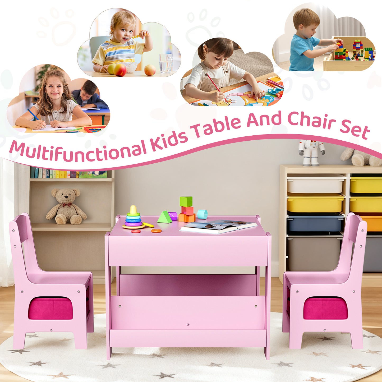 Pirecart Kids Table and Chair Set, 4 in 1 Wooden Art Table with Reversible Tabletop, Blackboard, Storage Drawer, Kids Activity Table Set for Drawing, Playing, Learning