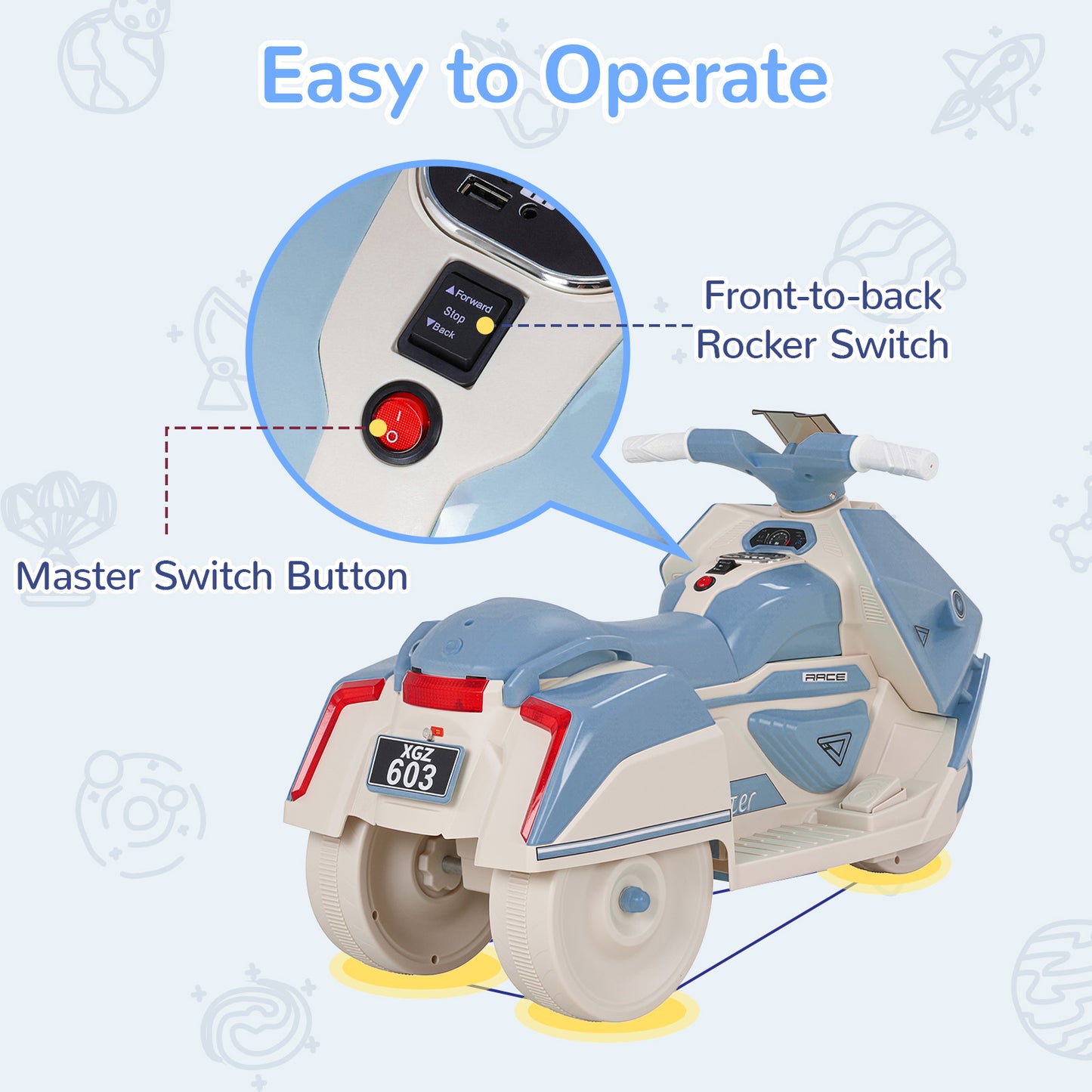 Pirecart Kids Electric Motorcycle, 6V Toddler Motorcycle with Realistic Sounds, LED Light, Children Ride on Toy with MP3/USB, Non-Slip Tires, Gift for Age 3+