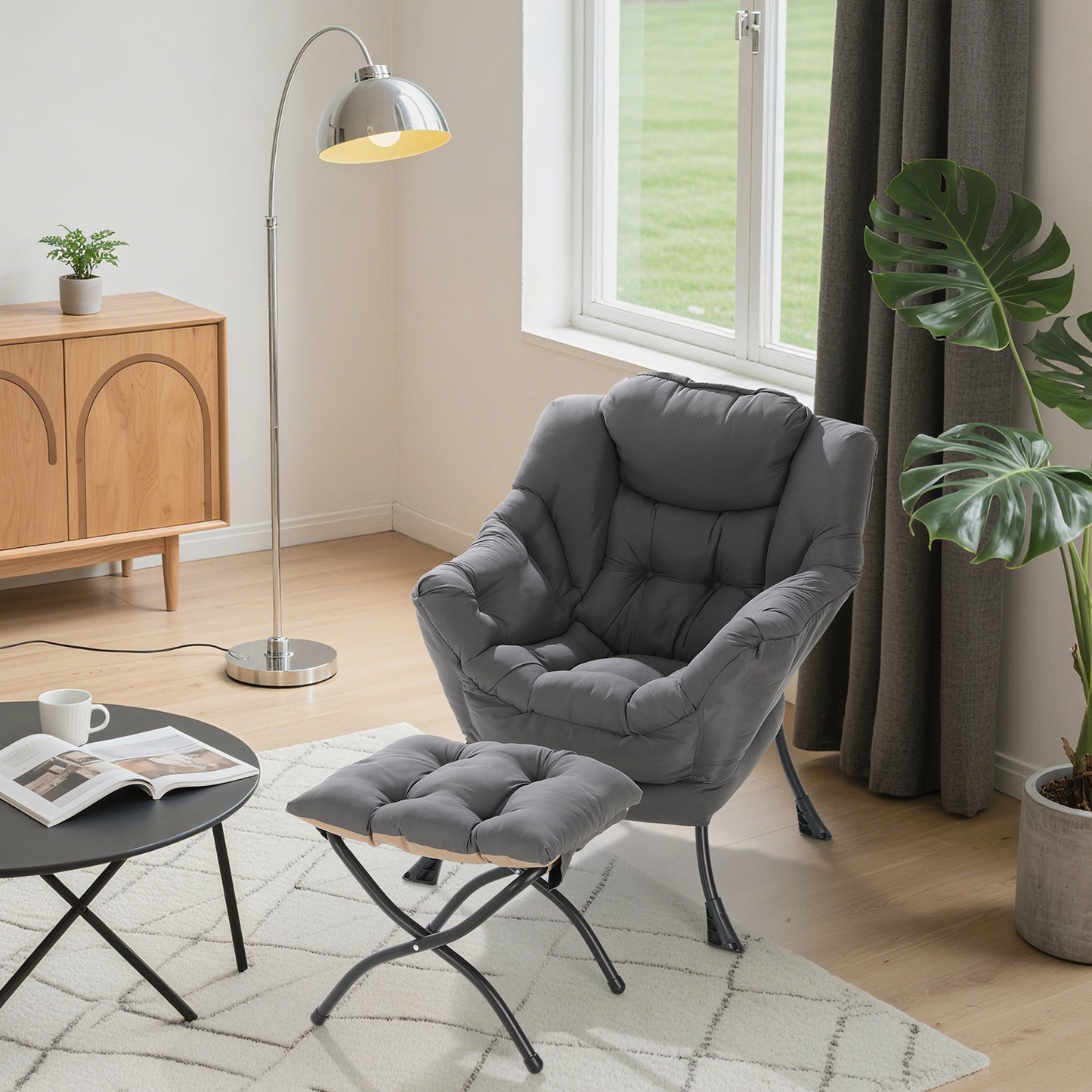 Pirecart Fabric Lazy Chair with Foldable Ottoman and Side Pocket, Large Comfy Chair with Footstool Set Reading Chair Leisure Sofa Chair for Bedroom, Living Room