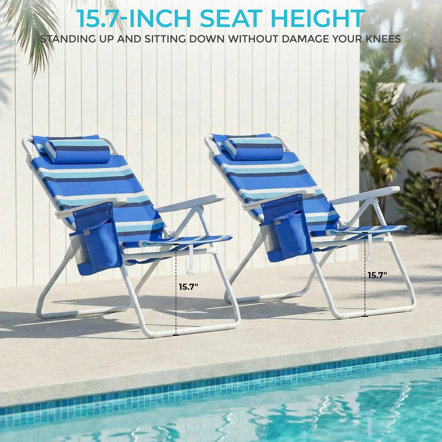Pirecart Tall Beach Chairs for Adults, Portable Beach Chairs W/ 5-Position Lay Flat & Cooler Pouch, for Beach, Camp, Outdoor