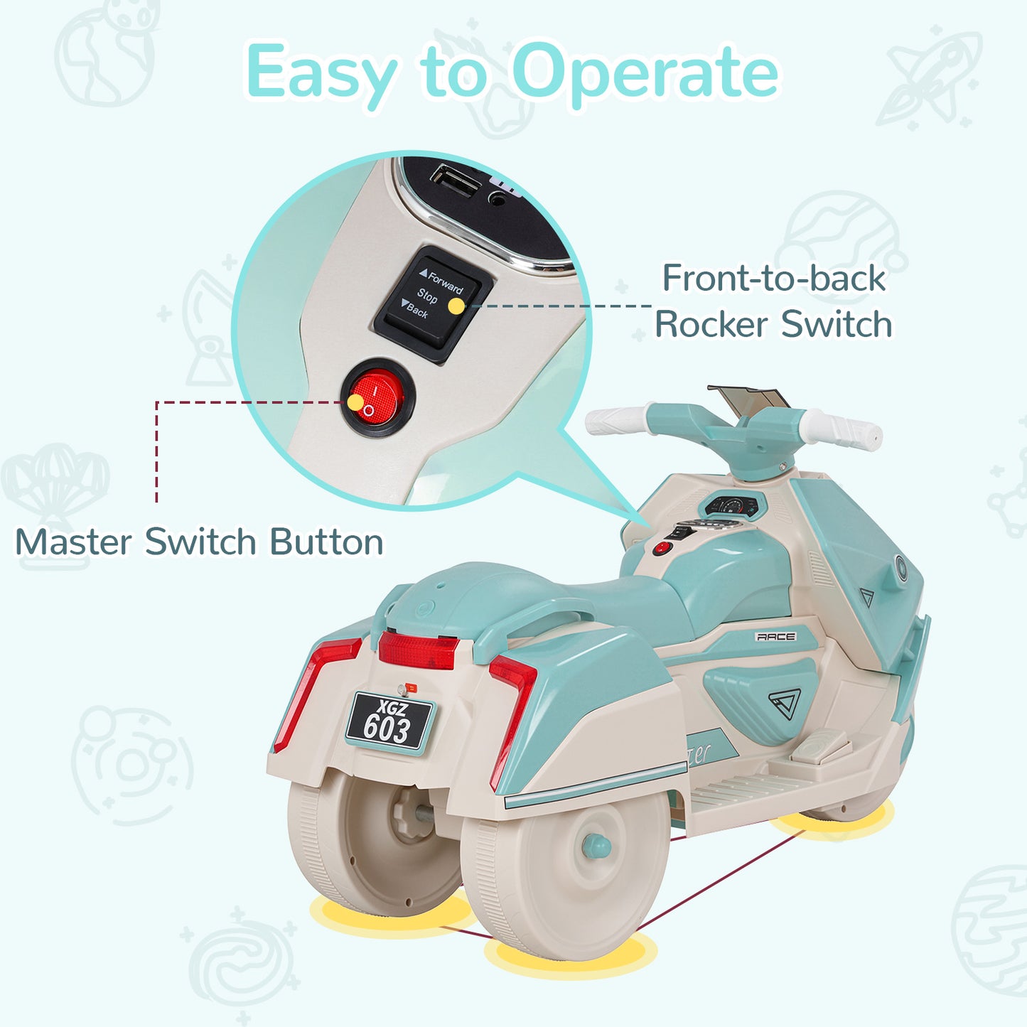 Pirecart Kids Electric Motorcycle, 6V Toddler Motorcycle with Realistic Sounds, LED Light, Children Ride on Toy with MP3/USB, Non-Slip Tires, Gift for Age 3+