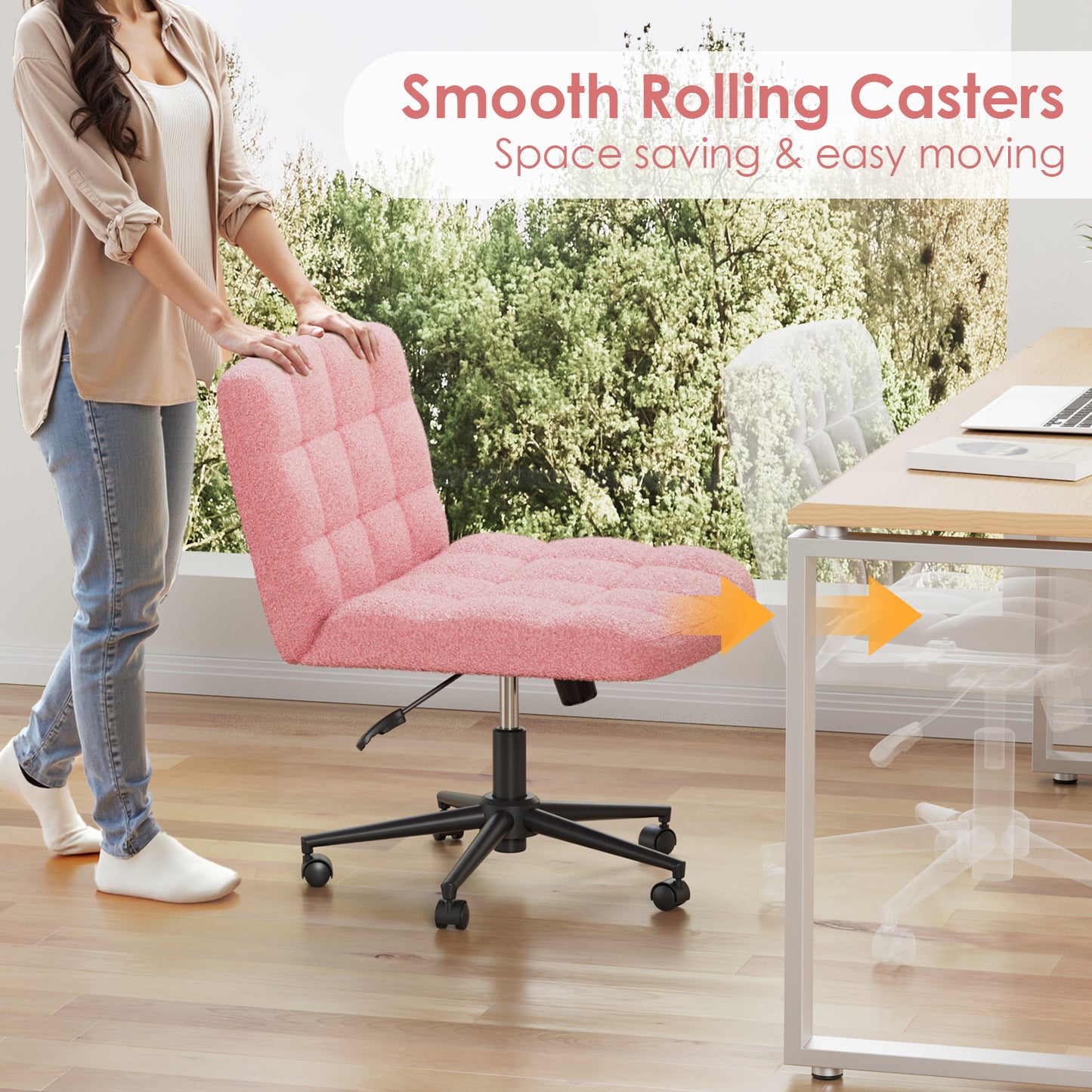 Pirecart Criss Cross Chair with Wheels, Armless Swivel Vanity Chair, Height Adjustable Cross Legged Office Chair with Comfy Wide Cushion for Desk, Vanity, Bedroom, Sherpa Fleece