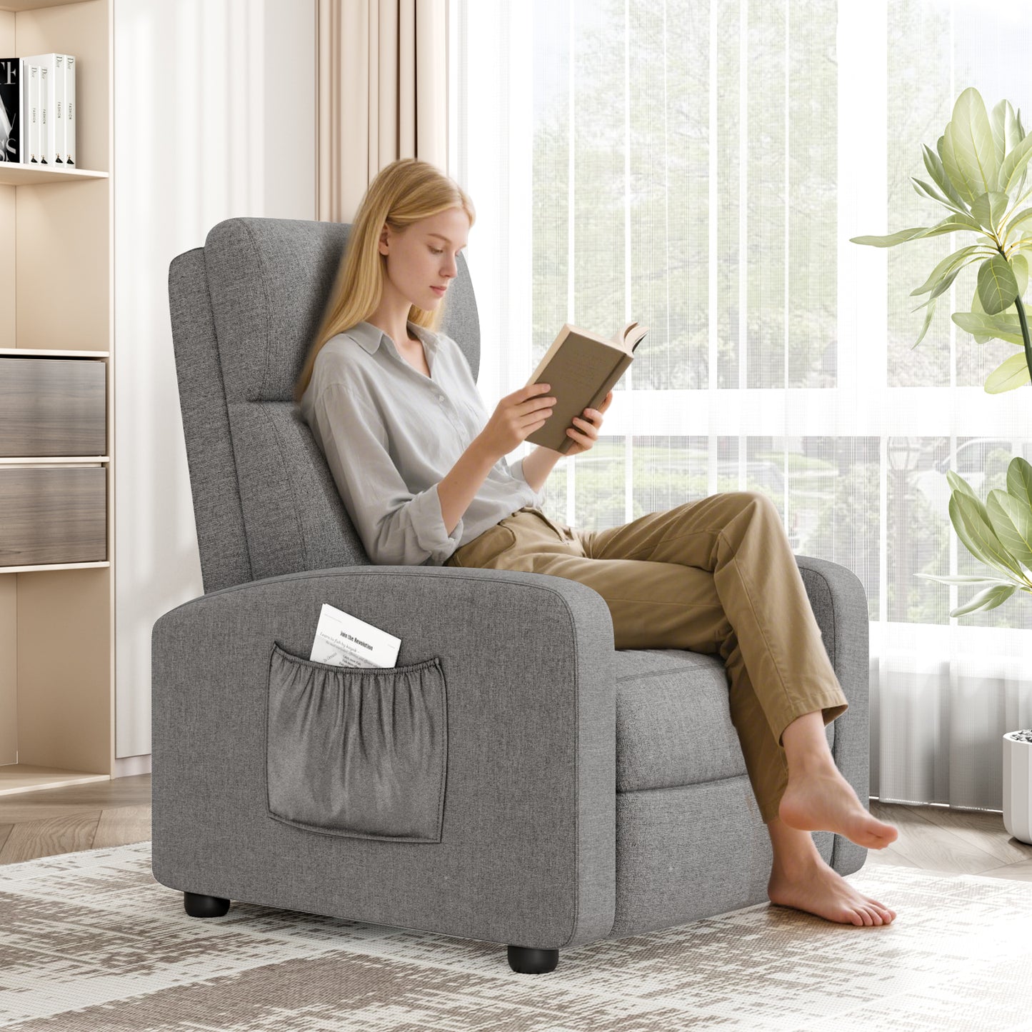 Pirecart Fabric Reclining Chair, Single Sofa Chair with Thicker Seat Cushion and a Side Pocket, Home Theater Seating with Adjustable Backrest and Footrest