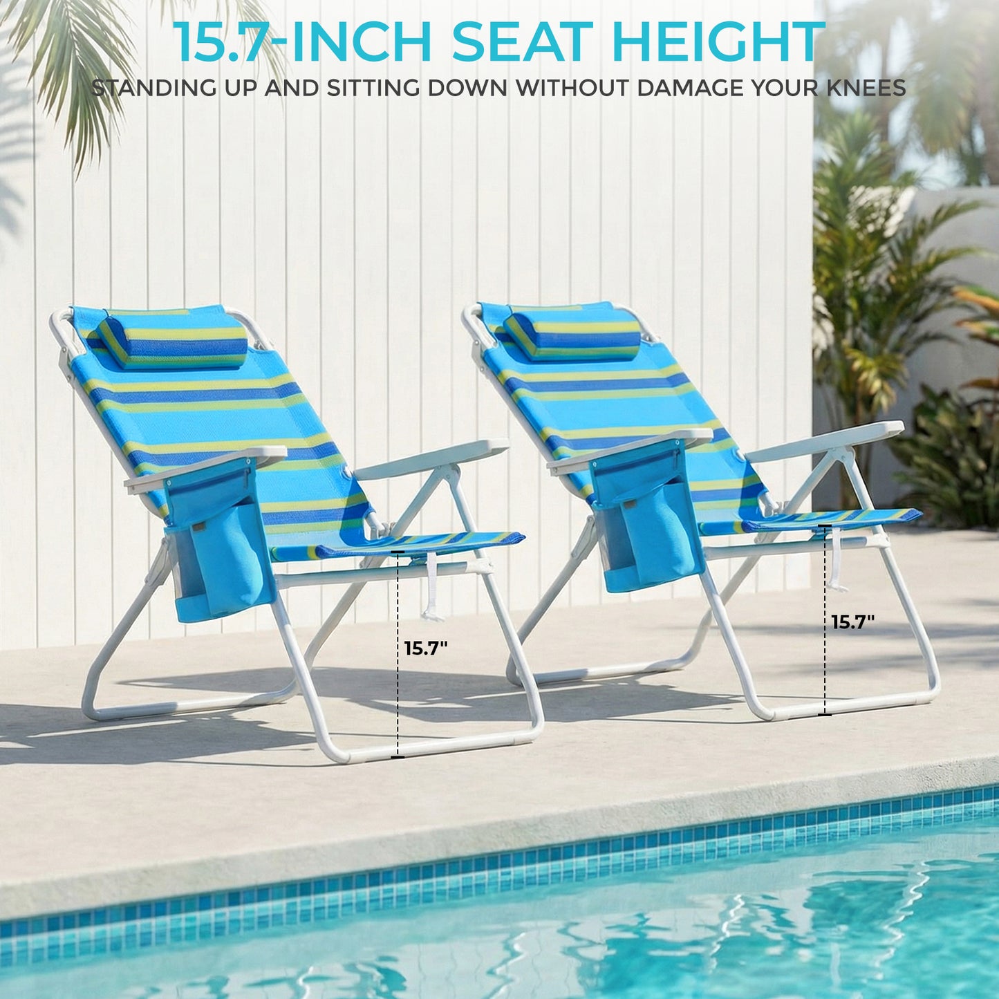 Pirecart Tall Beach Chairs for Adults, Portable Beach Chairs W/ 5-Position Lay Flat & Cooler Pouch, for Beach, Camp, Outdoor
