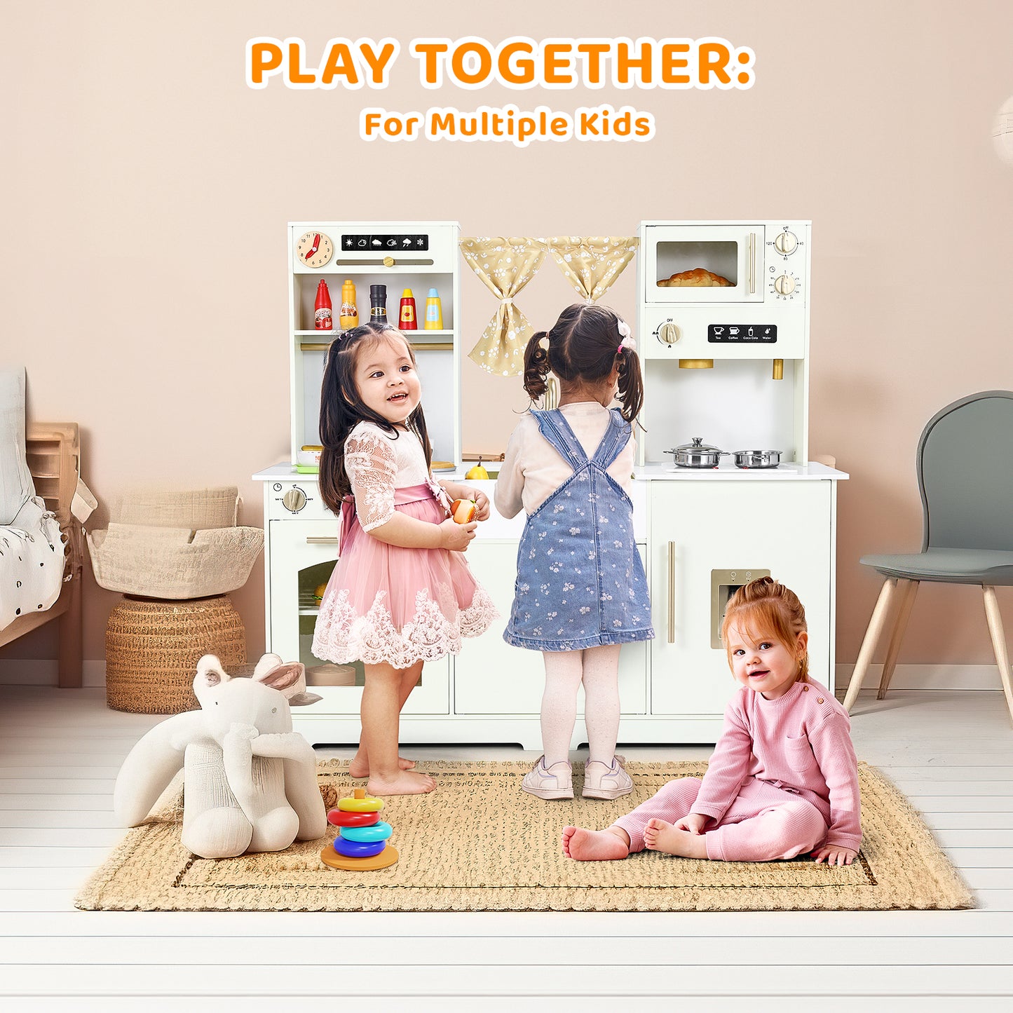 pirecart Kids Play Kitchen, Wooden Pretend Toy Kitchen, Toodler Cooking Playset w/Stove, Sink, Microwave, Water Dispenser, Curtain