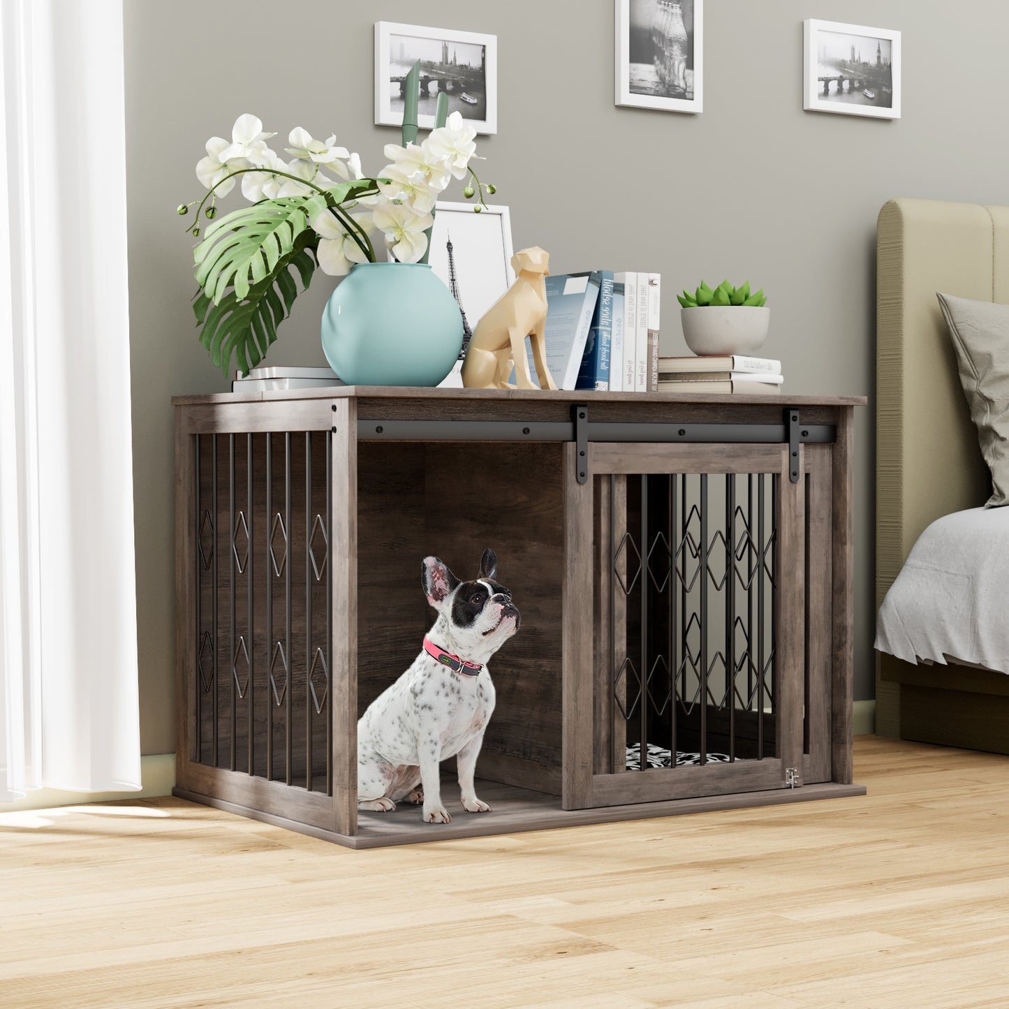 pirecart 39 inch Dog Crate Furniture Wooden Indoor Dog Kennel with Divider Room