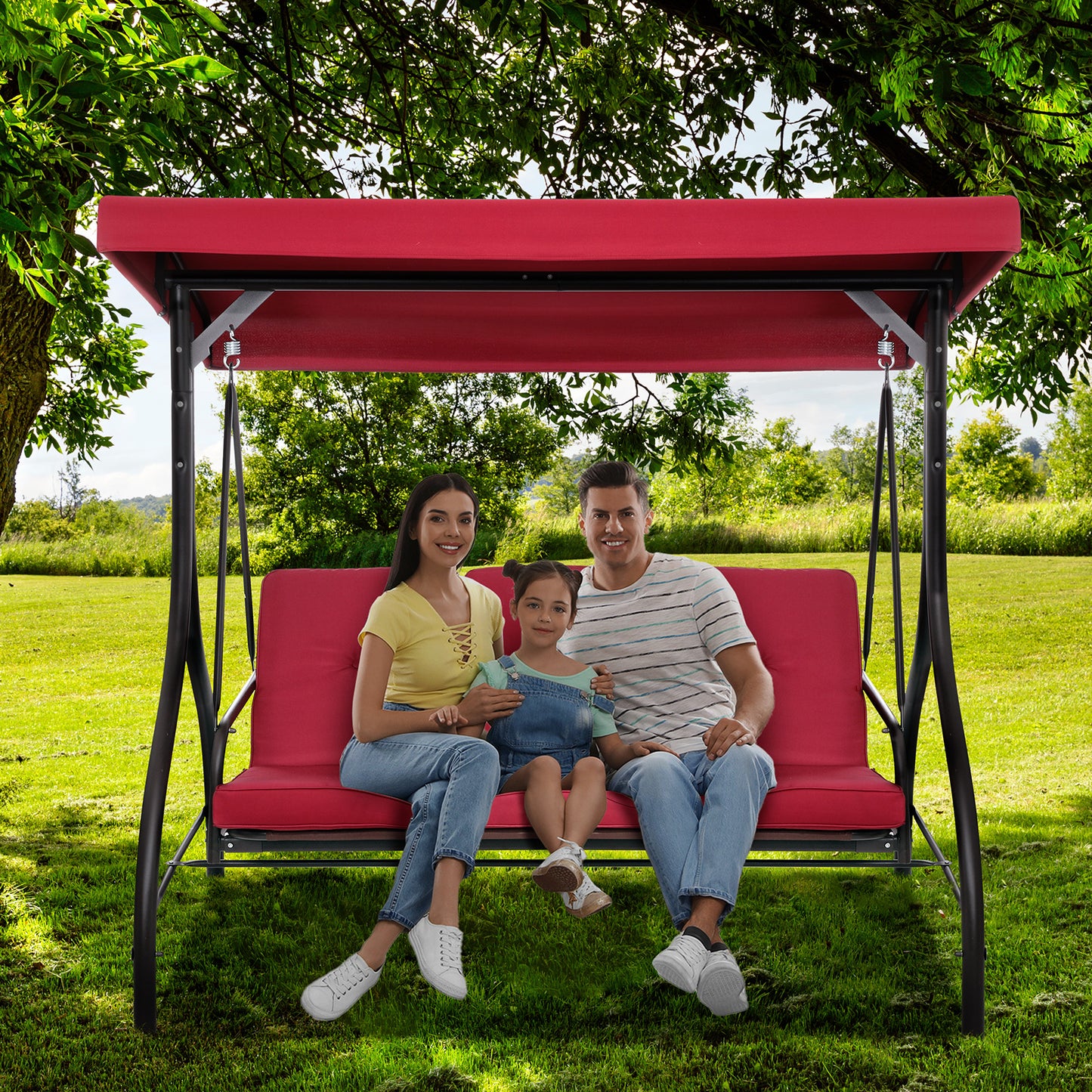 pirecart Outdoor 3-Seat Patio Swing, Porch Swings, Backrest Bench Swing Sets, Glider Swing Bed Chair, w/Adjustable Canopy